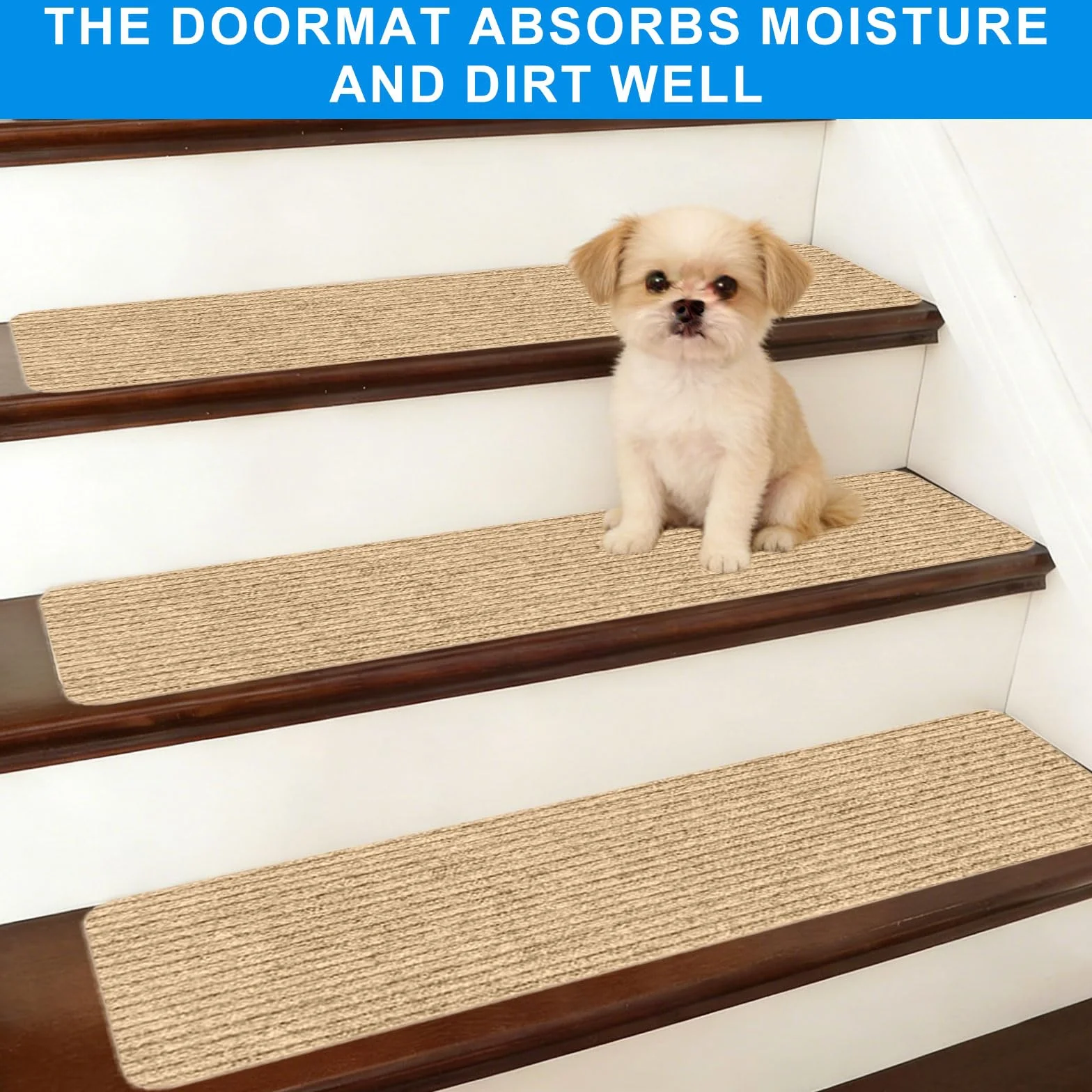 15 piezas de alfombrillas para escalones, alfombrillas de 55 x 22 cm, alfombrilla de puerta beige repelente al agua, autoadhesiva antideslizante rectangular para escalones, para interior, para
