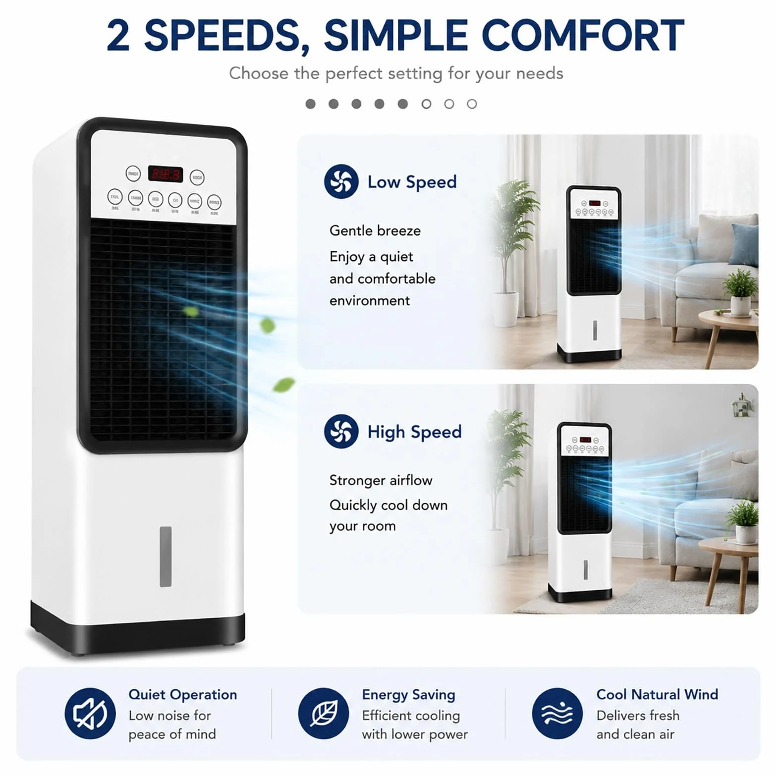 Enfriador de Aire Portátil con Packs de Hielo, 2 Niveles de Velocidad, Depósito de Agua 6L, Ventilador de Refrigeración Evaporativa para Dormitorio, Oficina, Hogar y Verano