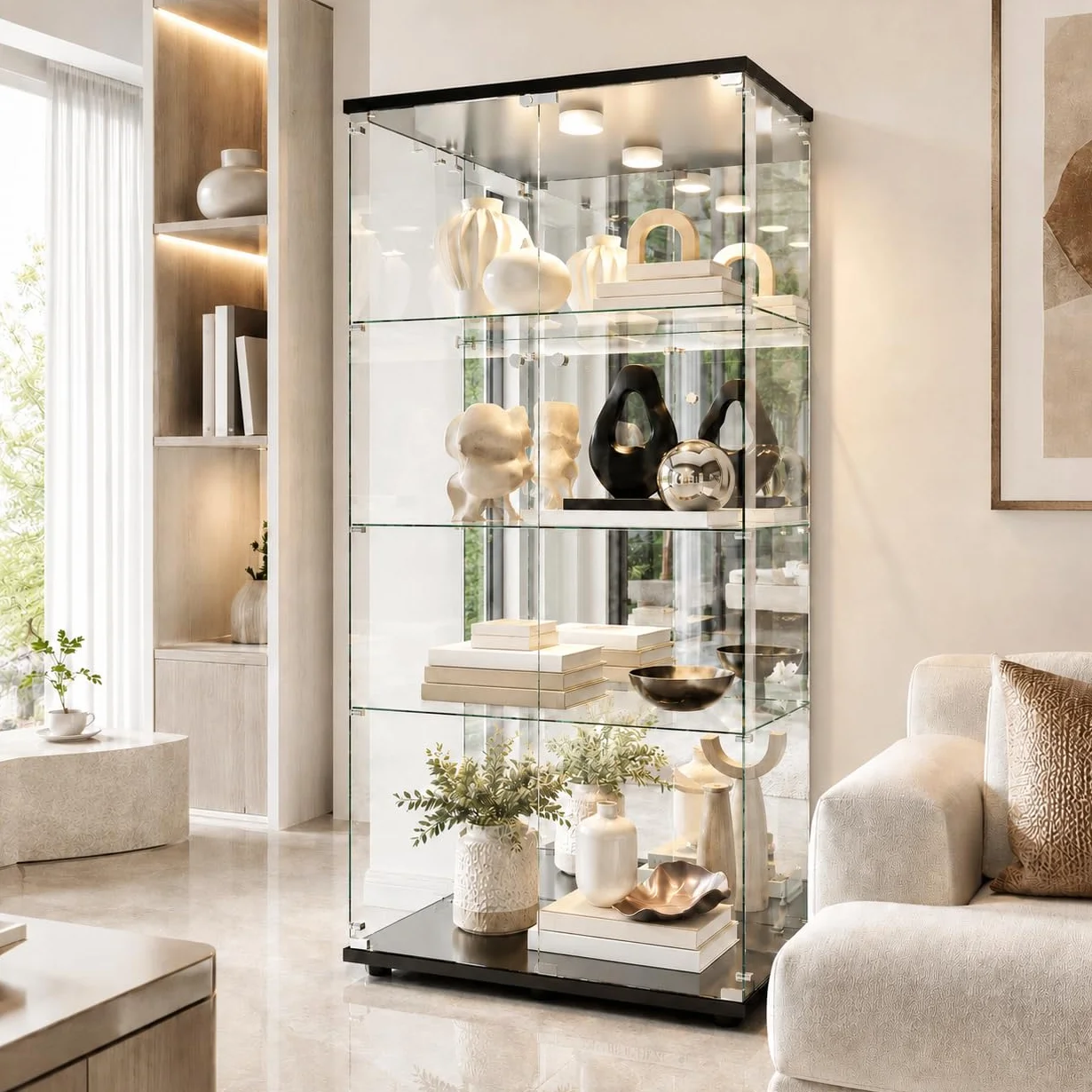 Vitrina de cristal con LED, vitrina de coleccionista de pie con 2 puertas de cristal con cerradura y 4 estantes, vitrina transparente, para salón, oficina, coleccionables, libros, vino (negro)