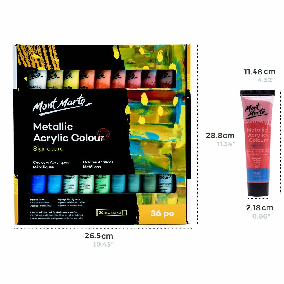 MONT MARTE Pintura Acrilica Metalizada – 36 Piezas, Tubos de 36 ml – Ideal para la Pintura Acrílica – Colores Resistentes a la luz con Gran Opacidad