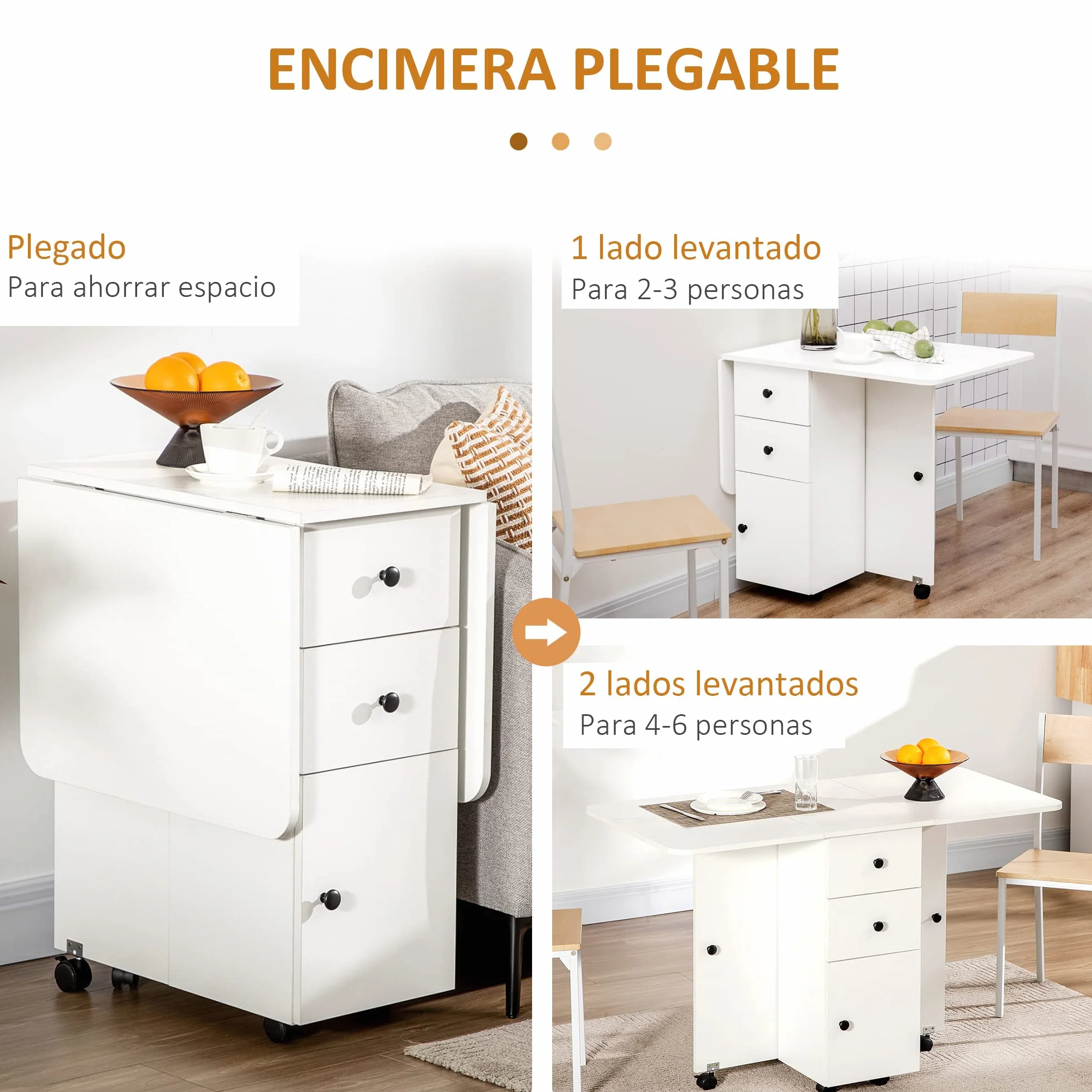 HOMCOM Mesa Plegable de Comedor, Mesa de Cocina Plegable, con Ruedas, Alas Abatibles, 2 Cajones, Estante y Armario, hasta 6 Personas, para Salón, Espacio Pequeño, 120x60x76,5 cm, Blanco