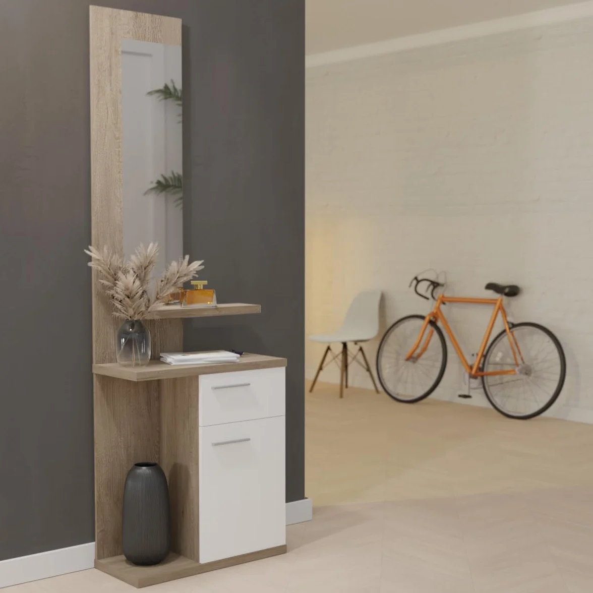amuéblate Online - Mueble Recibidor Vertical, Modelo Iria, Práctico y Funcional, Color Blanco, Medidas: 60,5 cm Largo x 28 cm Fondo x 186,5 cm Alto