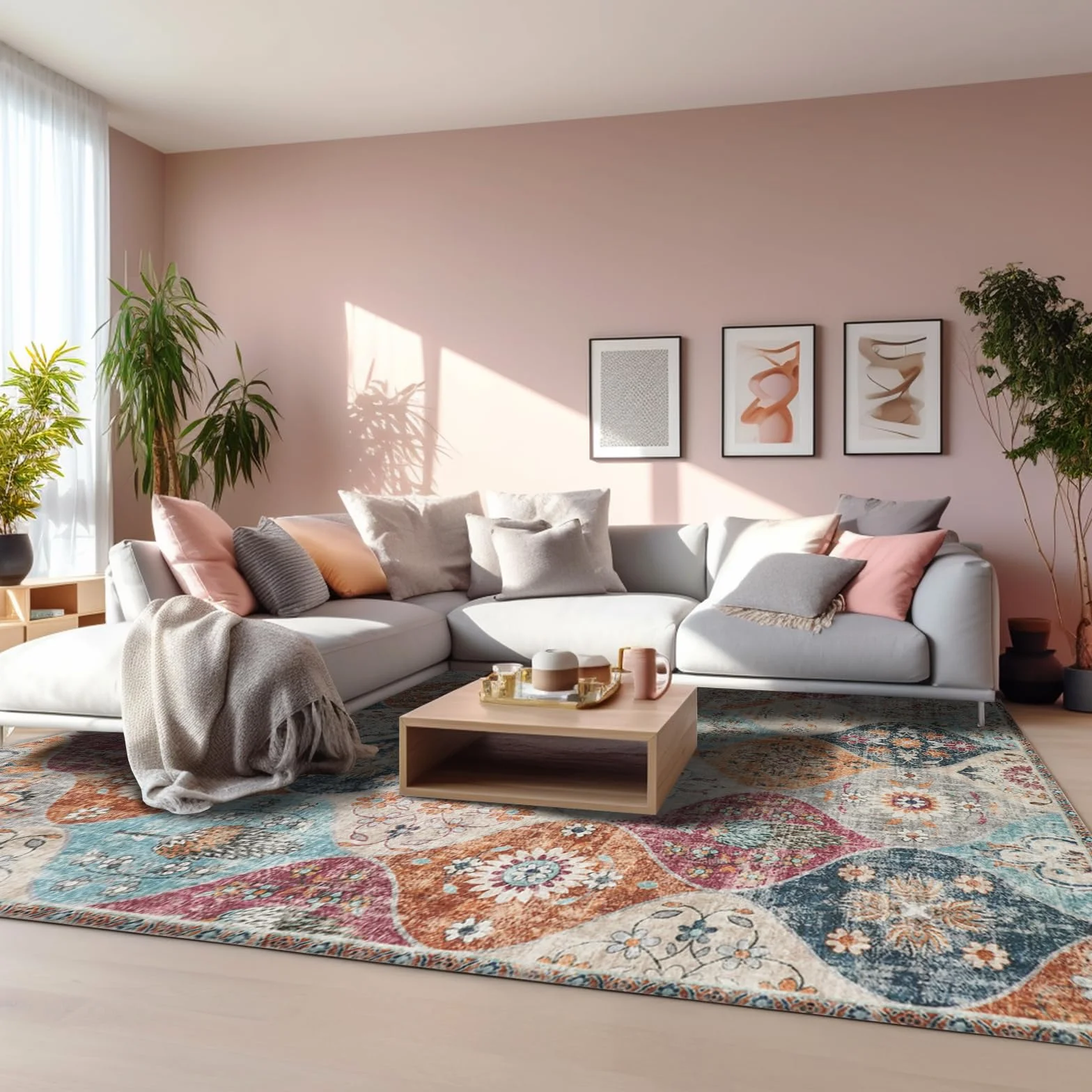 Xfrog Alfombra Bohemia con Flores, Antideslizante, Lavable, ultrasuave, Antigua, de Pelo bajo, para salón, Dormitorio, habitación Infantil - 160 x 230 cm