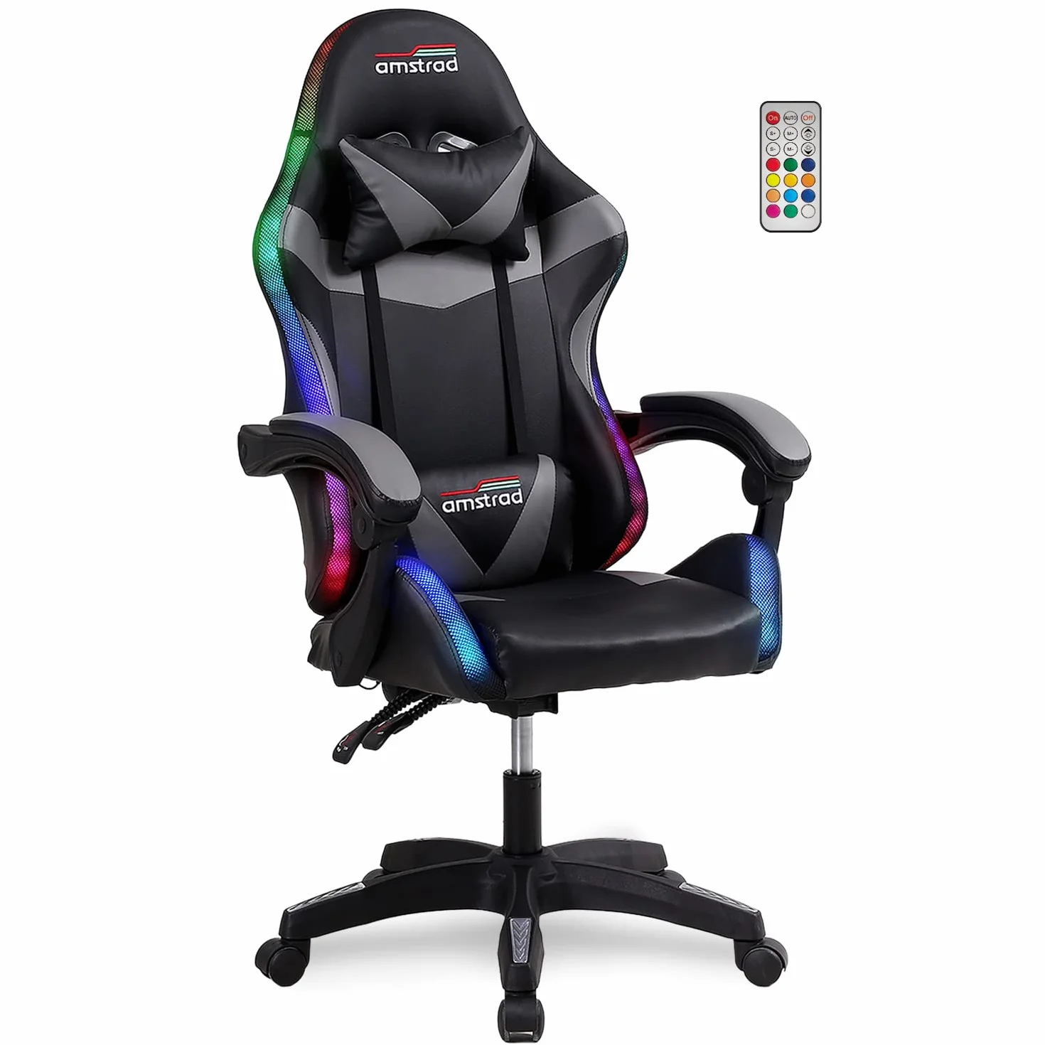 AMSTRAD AMS-800-LED-BK Sillón/Silla de oficina Gamer Negro Gris - Iluminación LED 358 Efectos - Mando a distancia