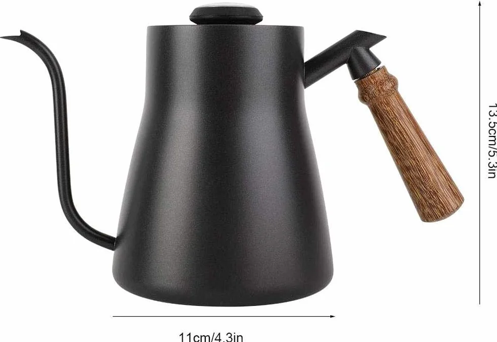 POEFT Tetera de café de 850 ml con termómetro integrado, de acero inoxidable, cuello de cisne, cafetera larga y estrecha con mango ergonómico de madera aislado