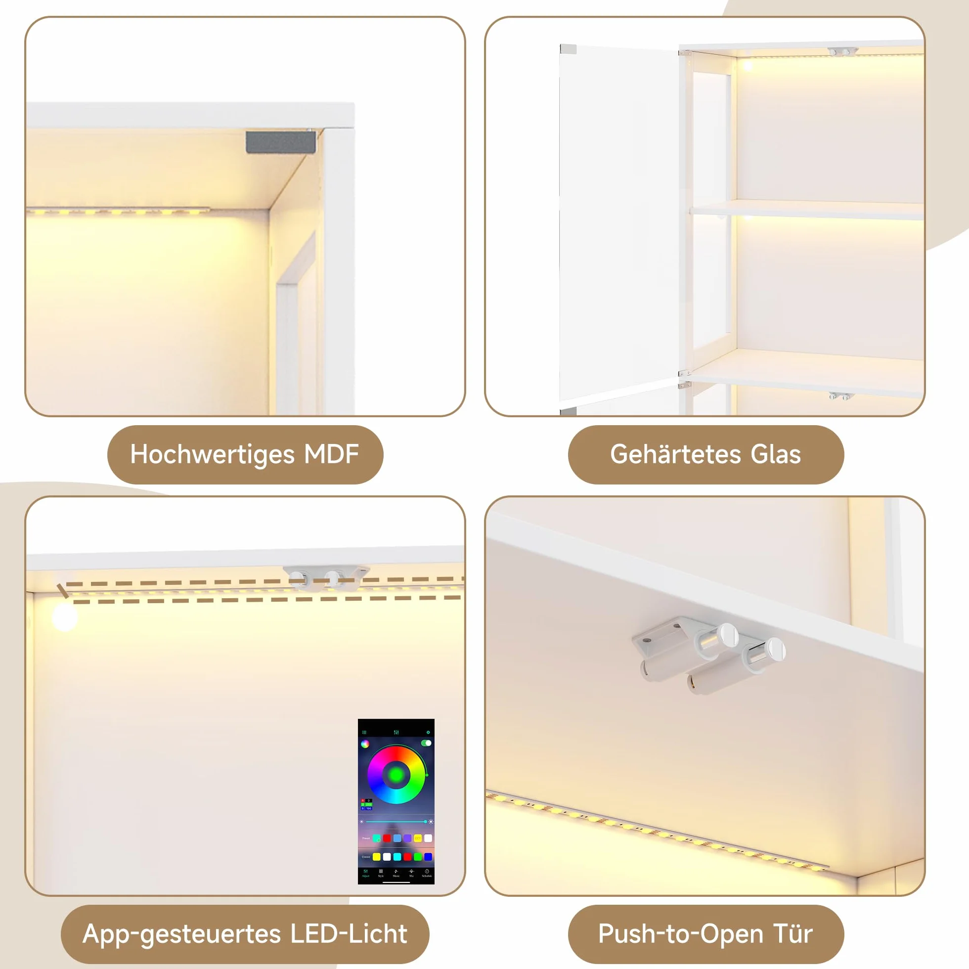 Soweiz Vitrina LED de cristal transparente, 4 niveles de almacenamiento, luz LED controlada por aplicación, puertas push to abiertas, vitrina para figuras y modelos (blanco, 80 x 35 x 170 cm)