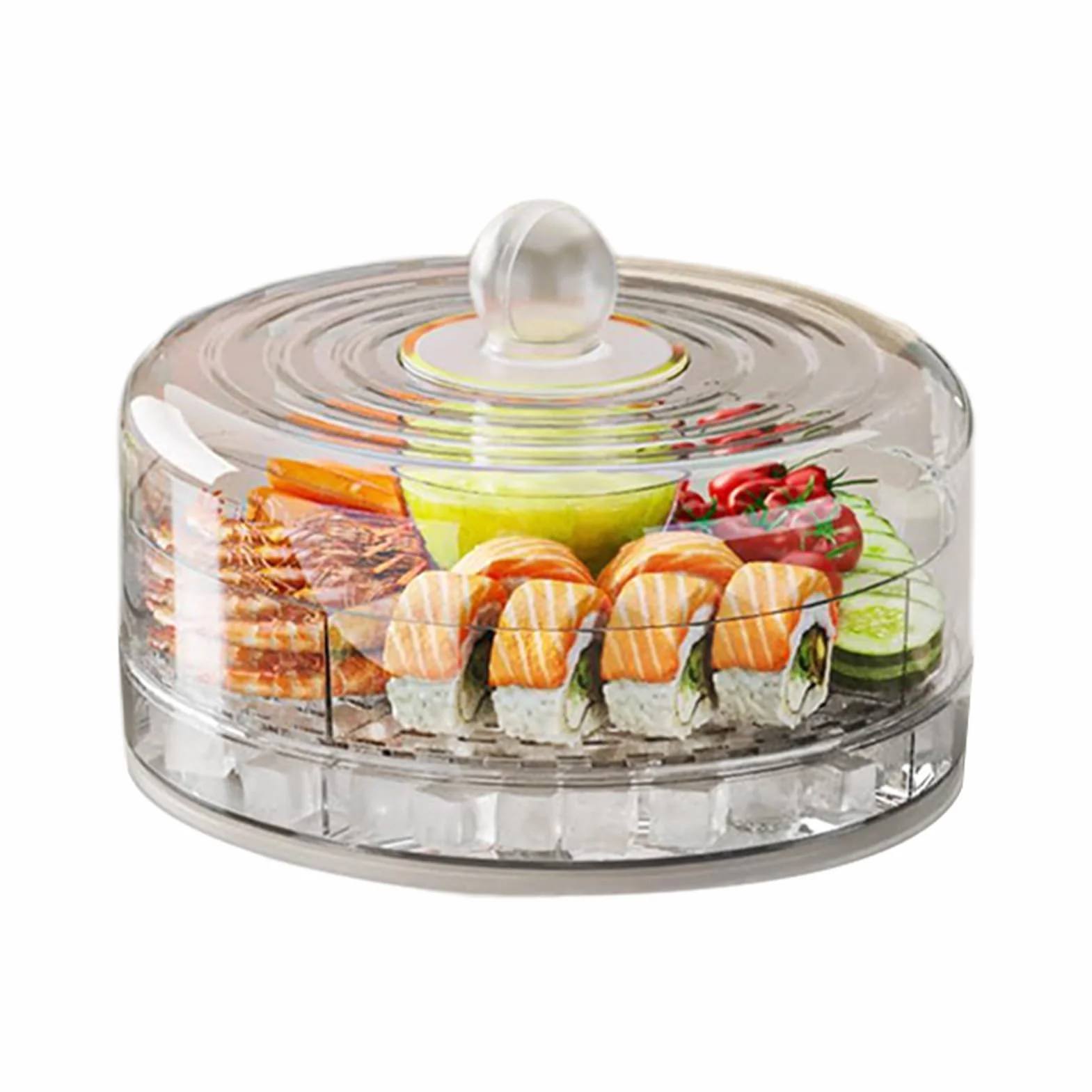 Bandeja giratoria refrigerada con tapa, servidor de aperitivos de 4 compartimentos para mariscos, picnic, camping y fiestas de cumpleaños, ideal para almacenamiento de alimentos fríos al aire libre