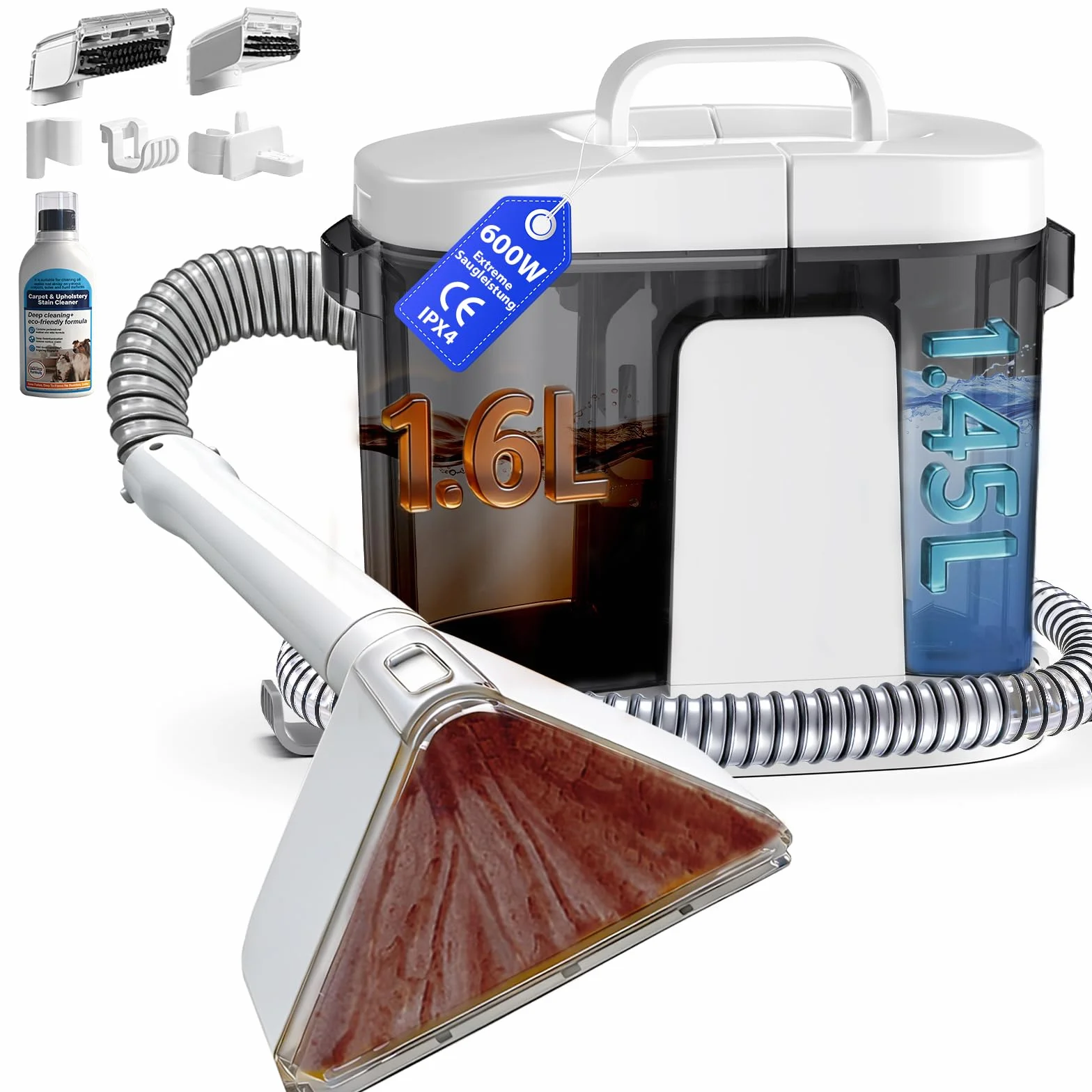 Limpiador de Tapicerias 17kPa Aspiradora de Agua Tapiceria 600W Maquina Limpia Tapicerias para Sofas Alfombras Coche Colchones y Mascotas con Autolimpieza,Depositos Extraibles,Tubos flexible White