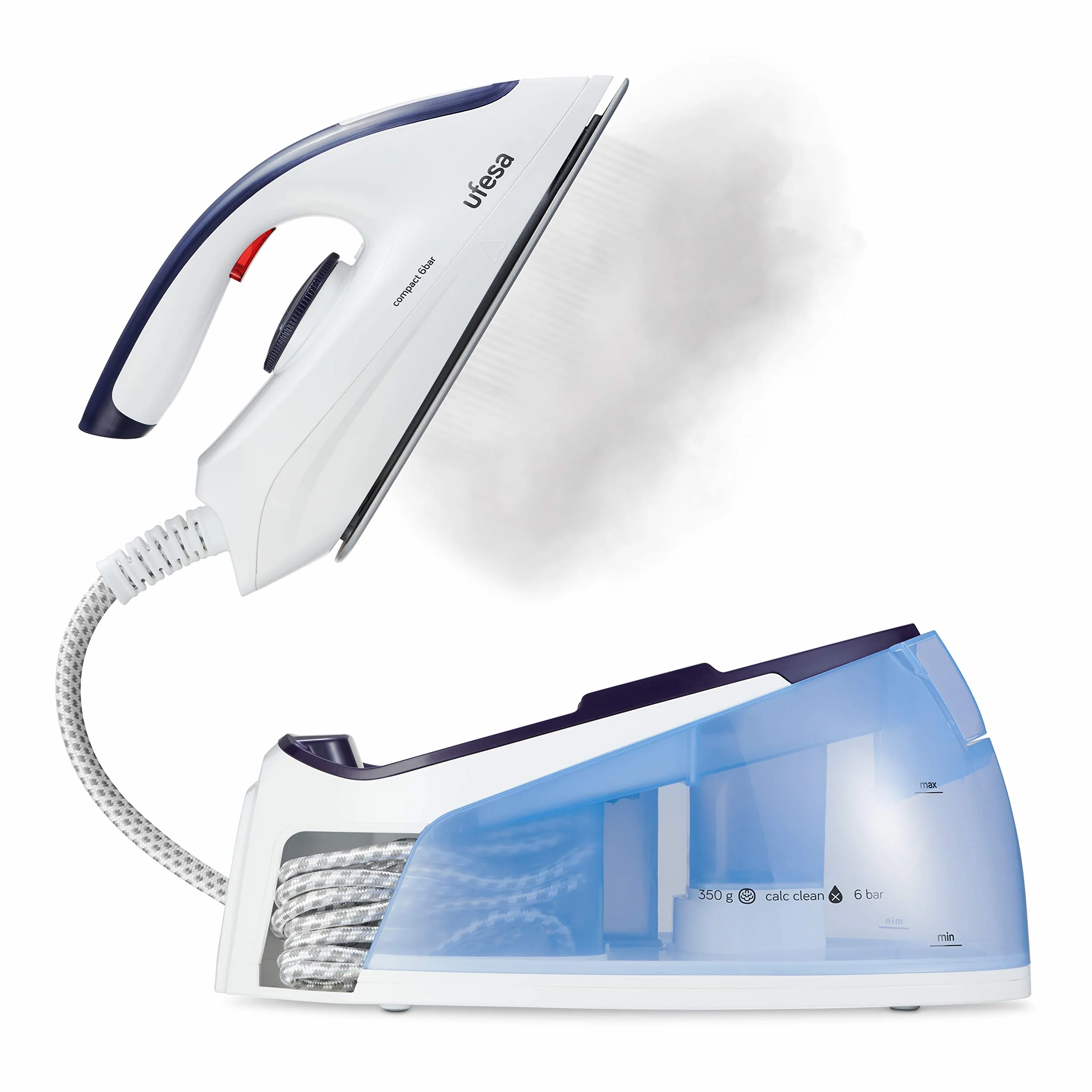 Ufesa PL2450 Centro de Planchado Compacto, 2400W, 6 Bares, Golpe de Vapor Max 350gr y Constante 0-120 gr /min, Suela Cerámica, Temperatura CareTemp, Sistema Antical sin Consumibles