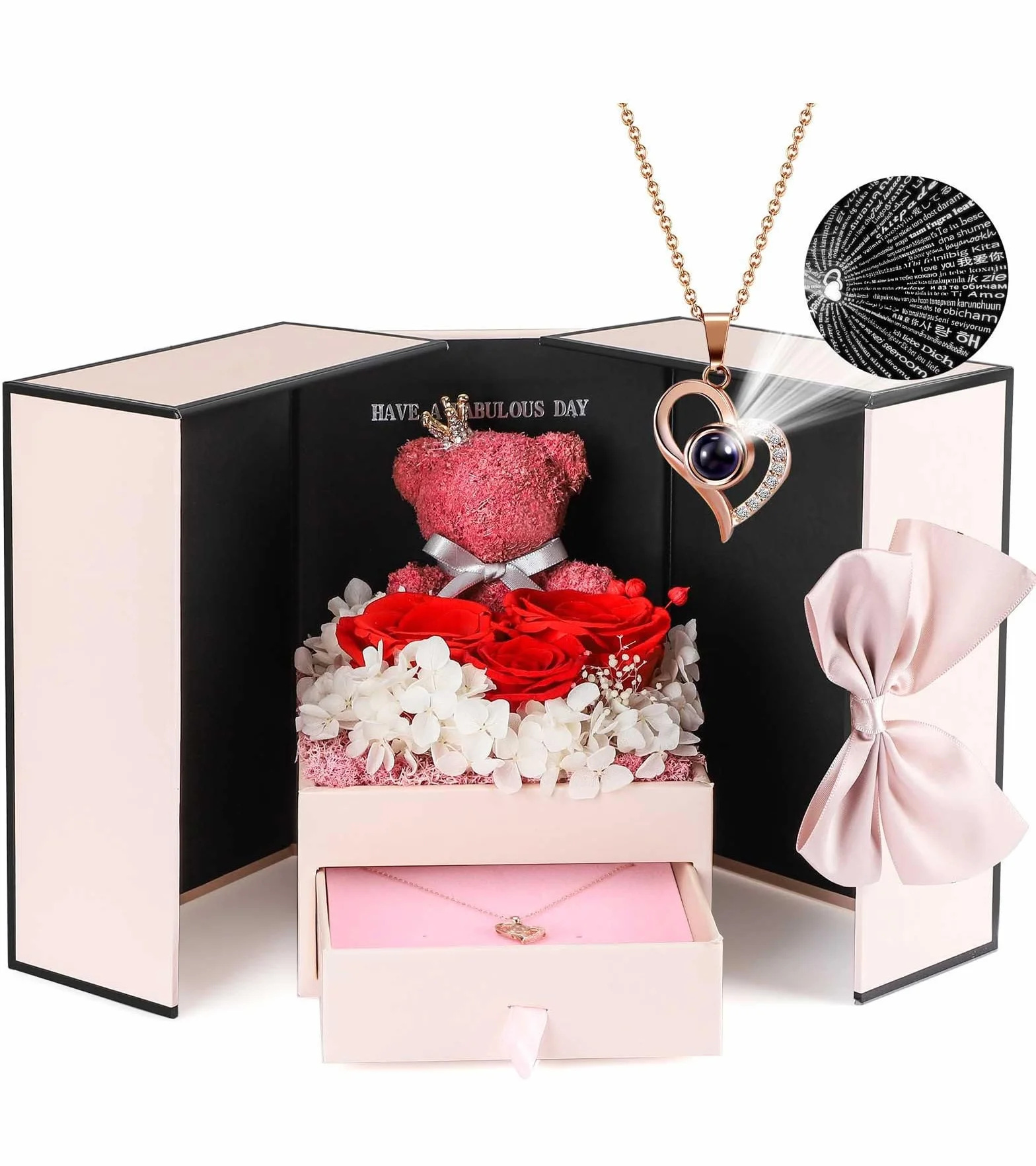 Collar de Rosa Eterna Preservada con Texto I Love You en 100 Idiomas, Regalo para Mujer Mama Dia de la Madre Aniversario Boda Novia