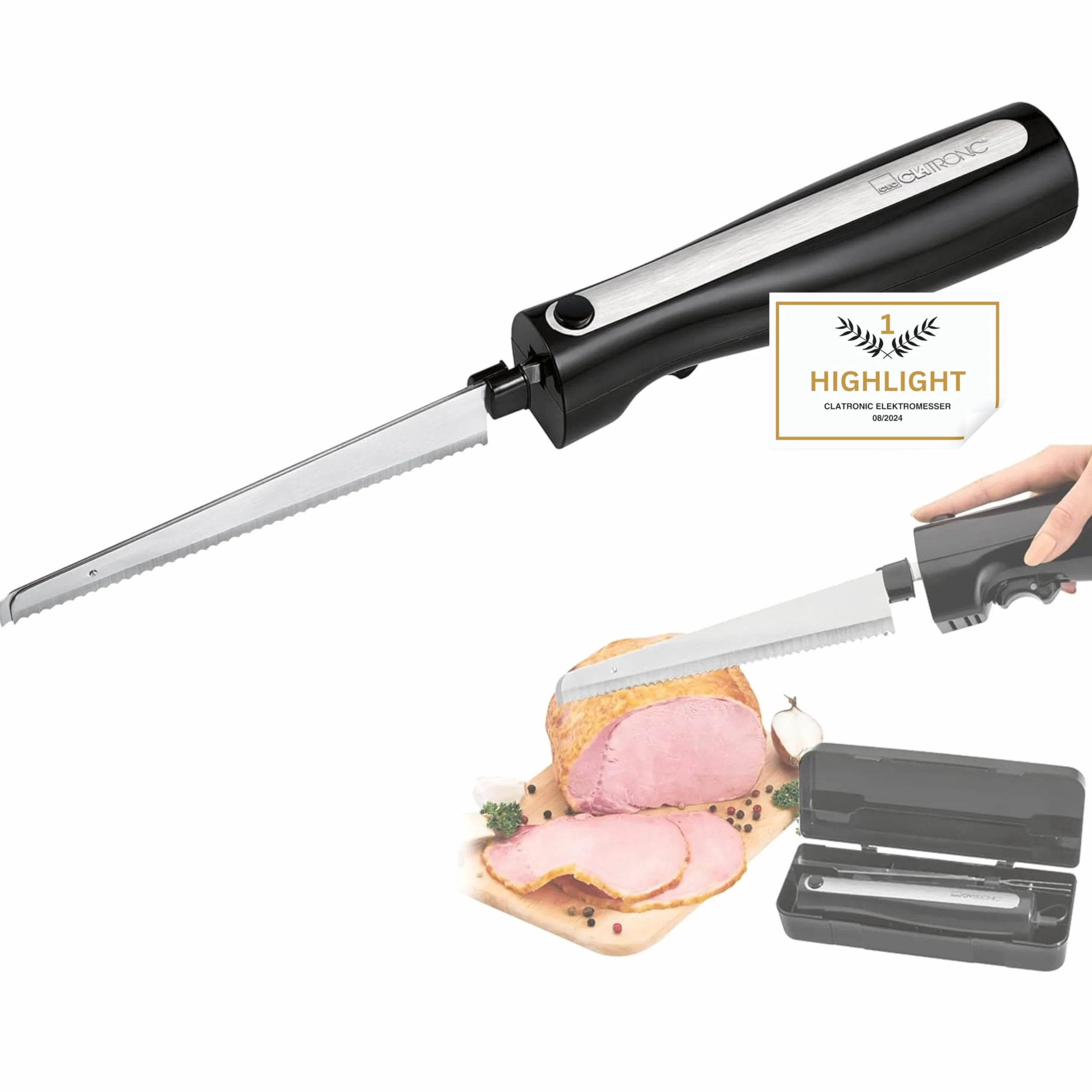 Clatronic Cuchillo eléctrico de cocina para carne, cuchillo de cocina eléctrico para alimentos congelados (hoja de acero inoxidable, afilado ondulado, cuchillo de pan, 120 W, negro)
