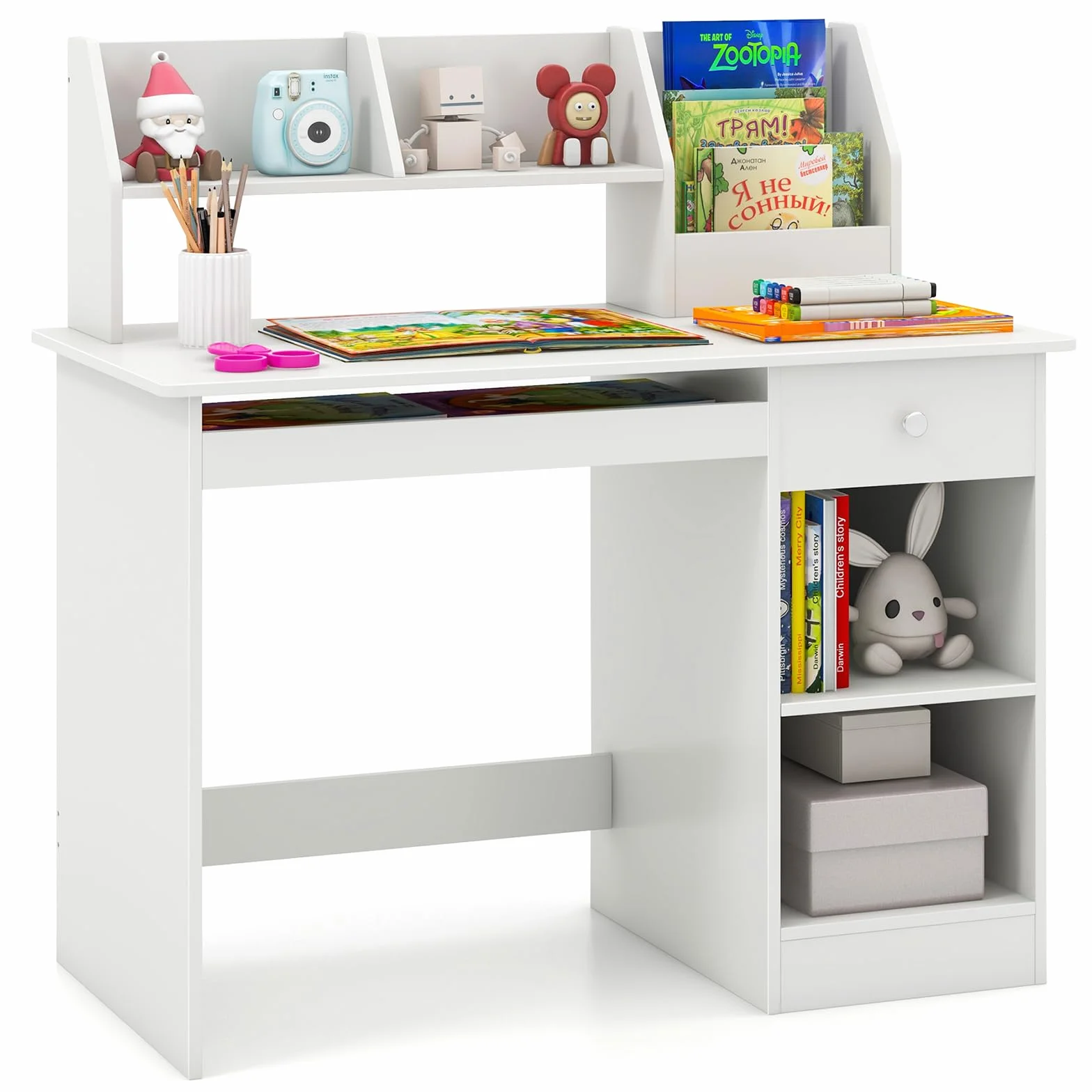 GOPLUS Escritorio Infantil de Madera con Cajón, Mesa Juvenil 3 en 1, 90 x 45 x 90 cm Blanco