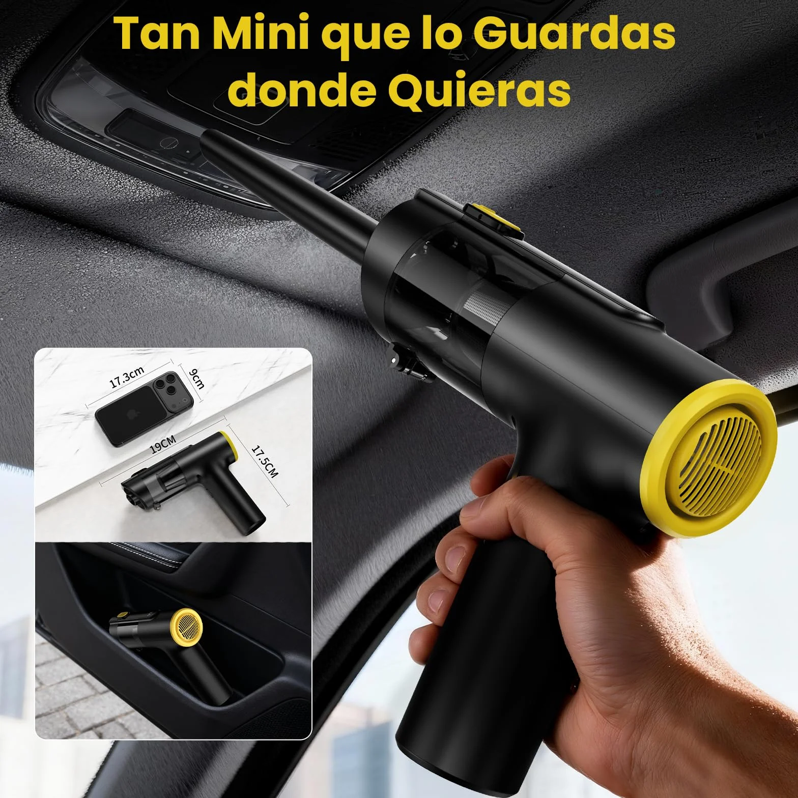 Aspiradora de Mano sin Cable 28000Pa,Mini Aspiradora Portátil para Coche,hasta 60 Min,3 en 1 Aspirar/Soplar/Inflar,Pantalla LED y Luz Verde,Motor Brushless,Hogar,Oficina y Pelo de Mascotas
