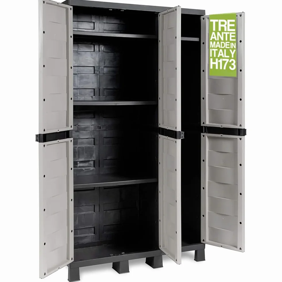 BAKAJI Mueble Armario de Polipropileno para Exterior e Interior, Mueble con Triple Puerta Resistente a los Rayos UV y Estante Ajustable, Ideal para jardín, balcón, baño, Oficina (3 Puertas)