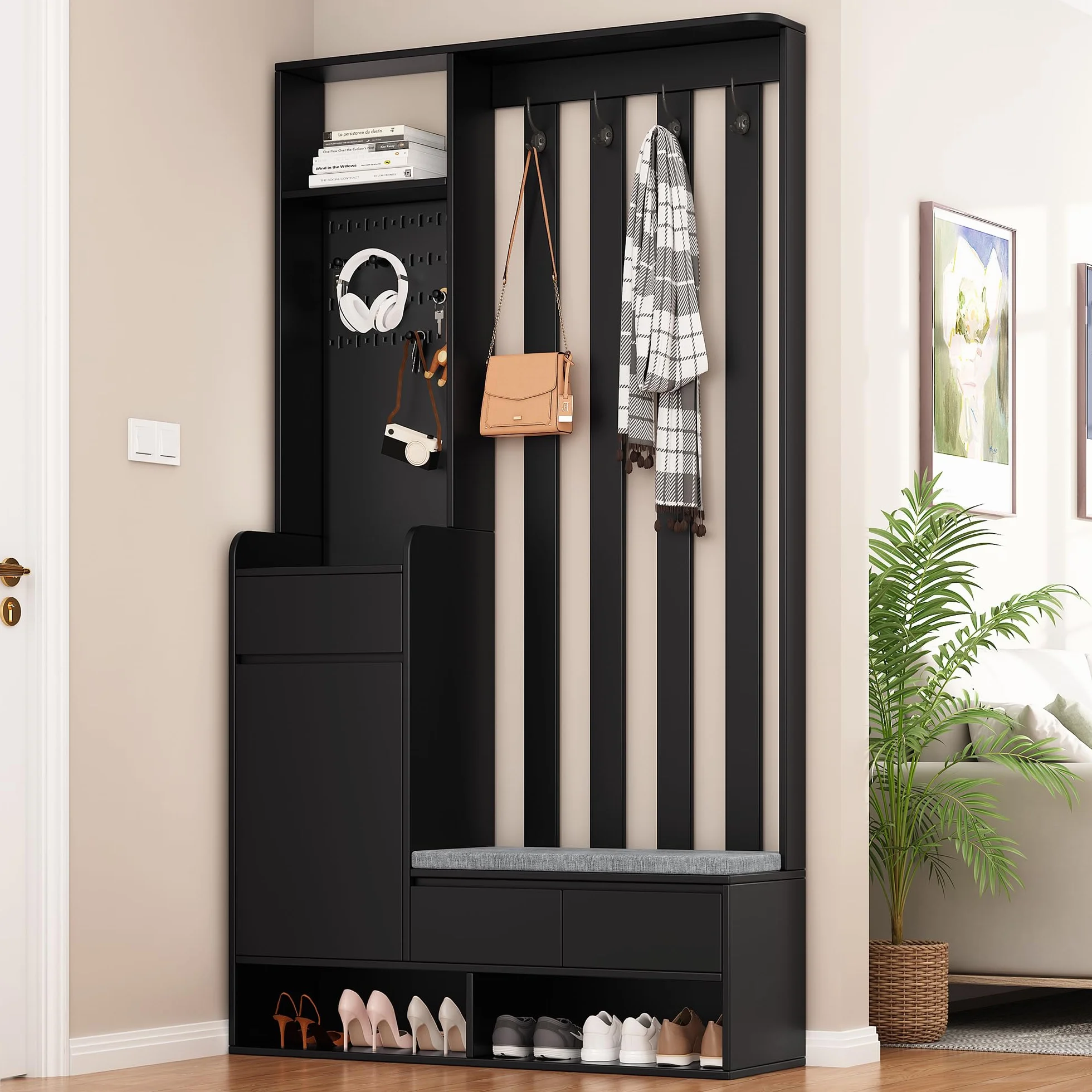 Perchero de pasillo con banco de almacenamiento acolchado, H180/B100/T35 cm, moderno perchero con 4 ganchos para entrada, zapatero multifuncional con panel de ranuras, color negro