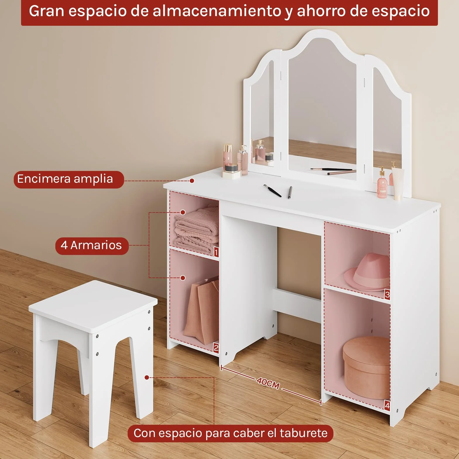 WOLTU Mesa Tocador Infantil 3 Piezas con Taburete y Espejo Plegable, Blanco MDF