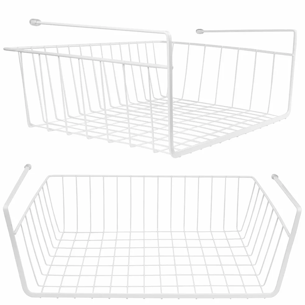 Tebery Paquete de 2 cestas de almacenamiento colgantes de alambre blancas para debajo del armario, deslizantes para cocina, despensa, escritorio, estantería