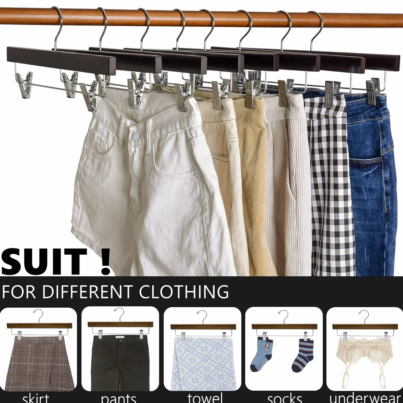 Amber Home Paquete de 24 perchas de madera de nogal con clips ajustables, 14 pulgadas | Perchas de madera para faldas y pantalones, perchas de armario para parte inferior, jeans, pantalones cortos
