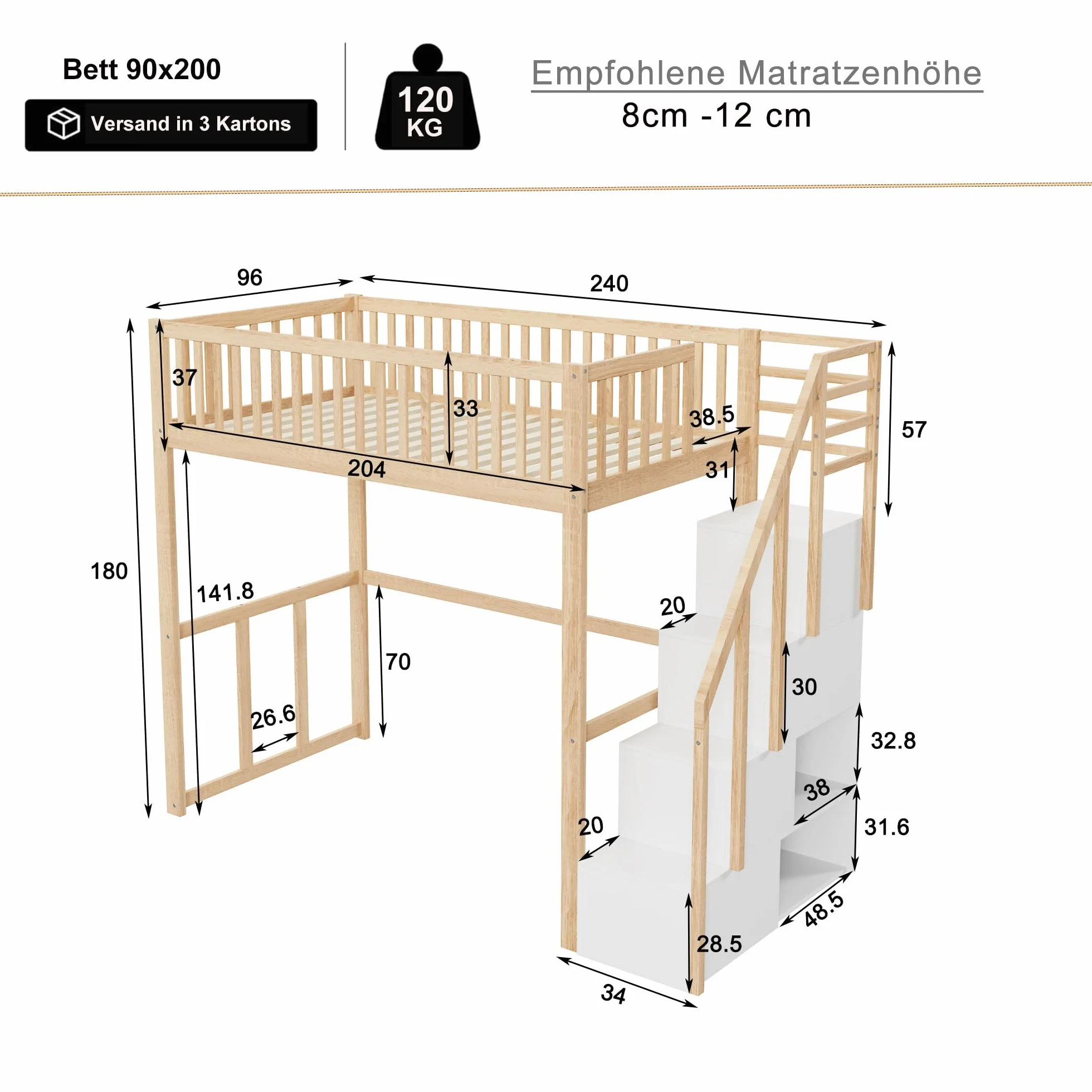 Moimhear Cama alta 90 x 200 cm con escalera de almacenamiento de seguridad, estructura de cama de pino macizo para niños y jóvenes (color madera + blanco)
