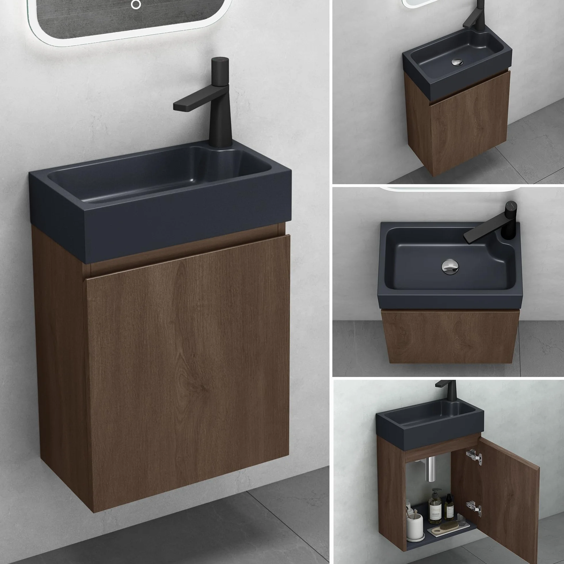 Mai & Mai Mueble de Baño con Lavabo 46x26x63 cm Suspendido Mármol Fundido Antracita Mate Acabado Roble Stirling