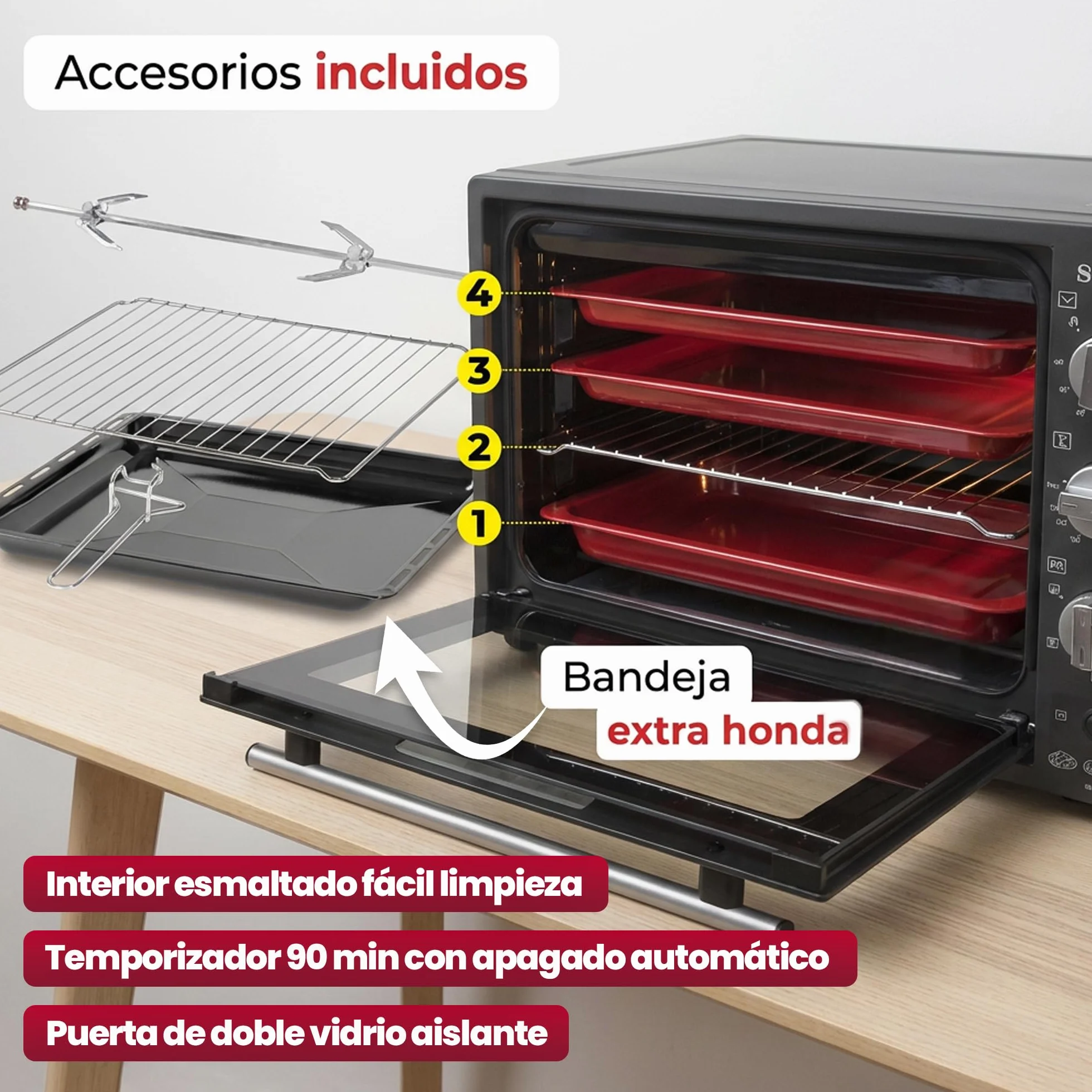 Sogo Horno Sobremesa de Convección 70L - Horno Eléctrico con Rustidor para Asados Jugosos - Horno Multifunción con Gratinador para Recetas Crocantes - Ideal para Cualquier Plato