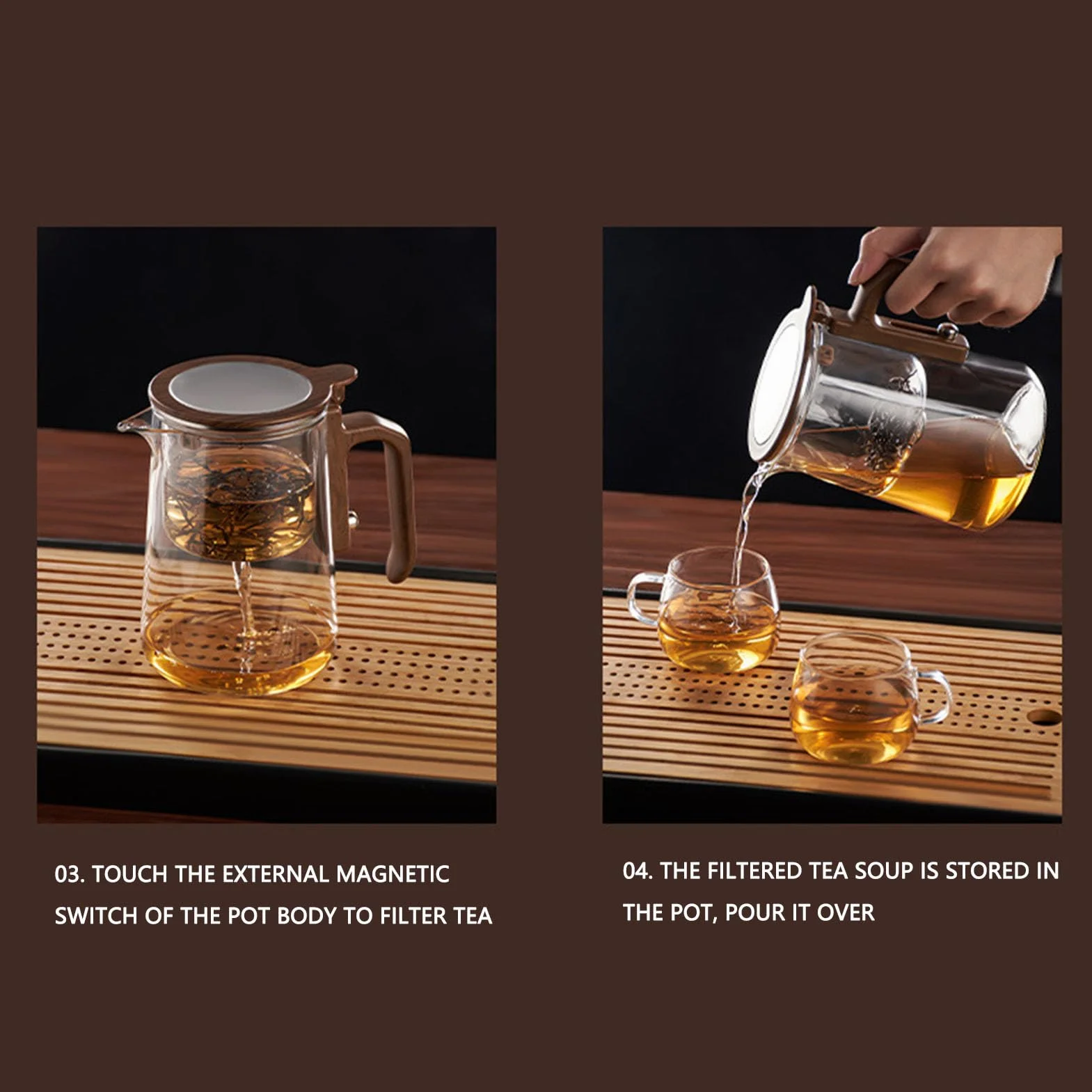Focket Tetera Enchanti, tetera de vidrio con infusor para té a granel y separación magnética del agua con control de presión, regalo ideal para aficionados y profesionales (800ml)