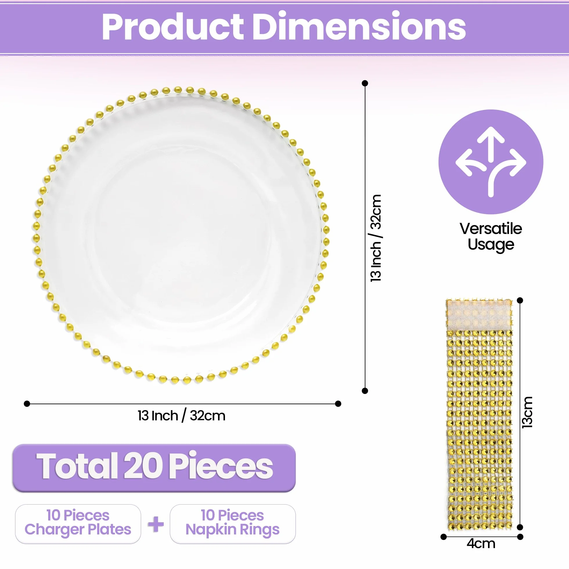 Elegante juego de platos de cristal transparente y servilleteros dorados, 10 piezas, diseño de cuentas, platos de 33 cm para bodas, cenas, fiestas y eventos, mesa reutilizable y manteles individuales