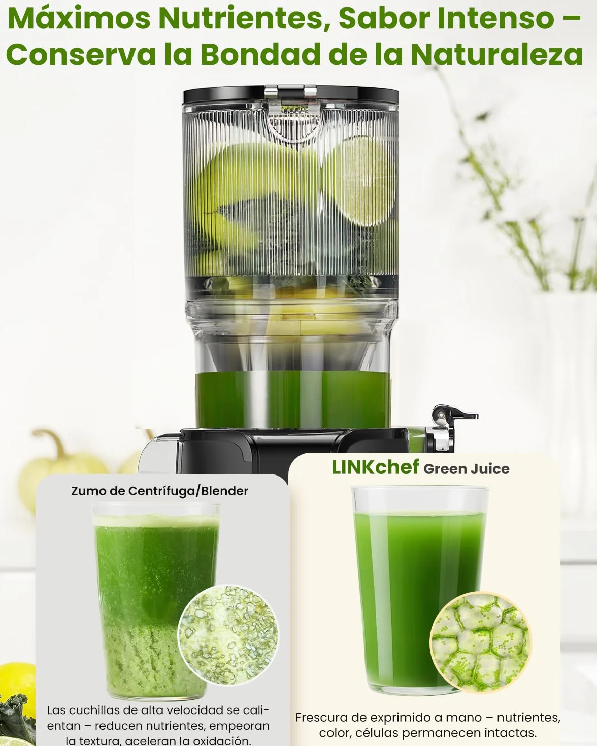 LINKChef Slow Juicer 200W Boca Ancha 115mm Prensado en Frío Sin BPA Negro