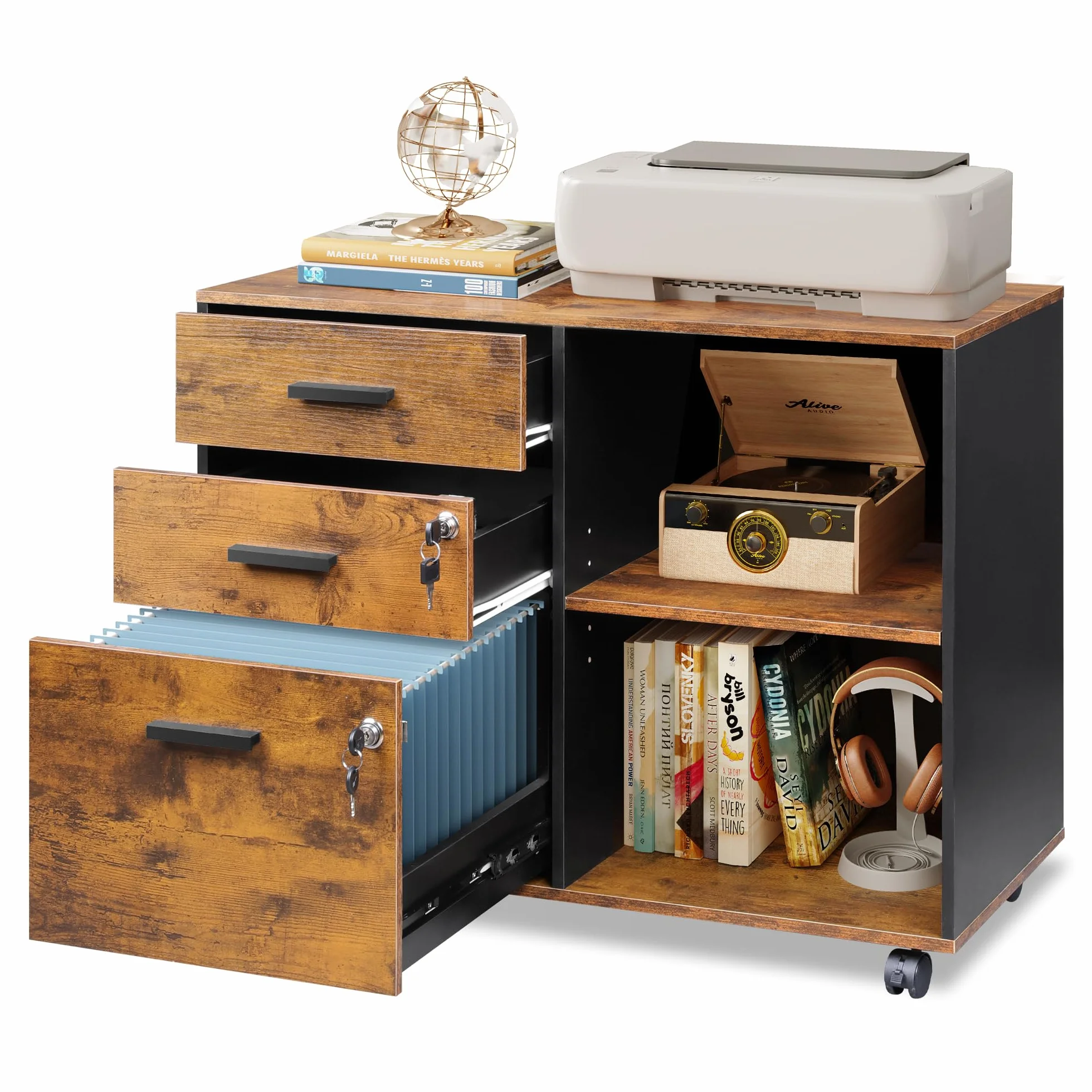 DEVAISE Carro Archivo 3 Cajones con Tablero Madera, Mueble para Impresora Diseño Retro, Marrón
