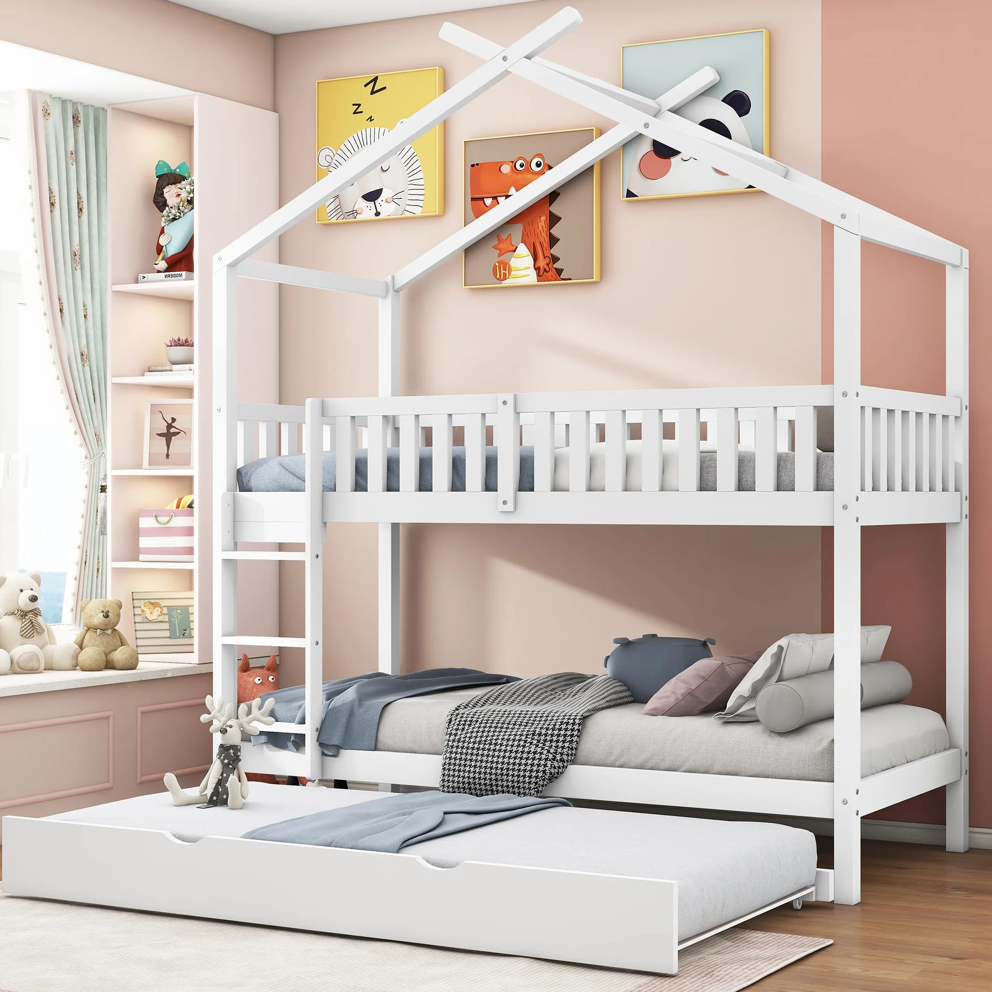 Moimhear Cama para niños House Bed 90 x 200 cm, cama juvenil, tres camas, extensible, diseño que ahorra espacio, color blanco