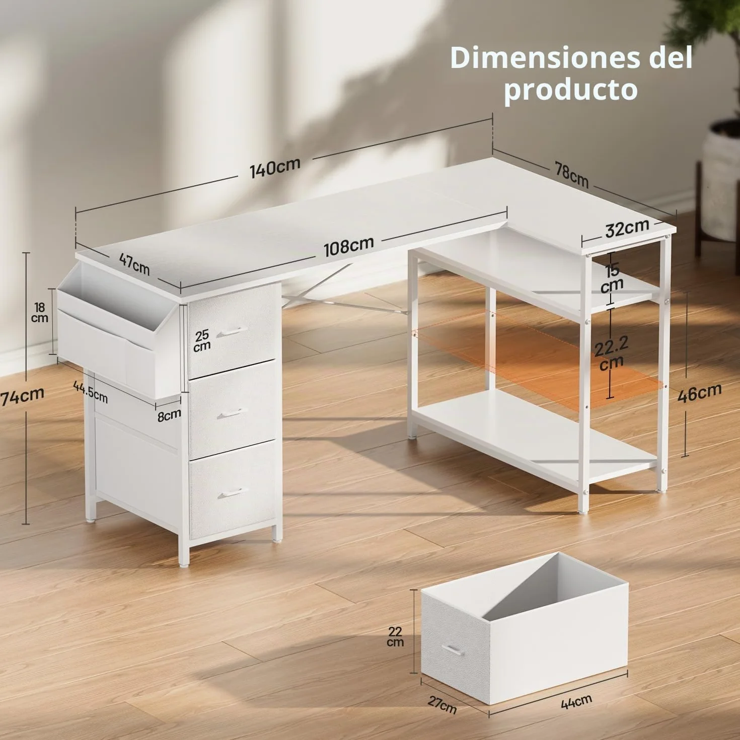 HLONONE Escritorio esquinero con 3 cajones de tela, 140 x 80 cm, escritorio para ordenador con espacio de almacenamiento, escritorio en forma de L con bolsillo lateral, mesa de ordenador con estantes
