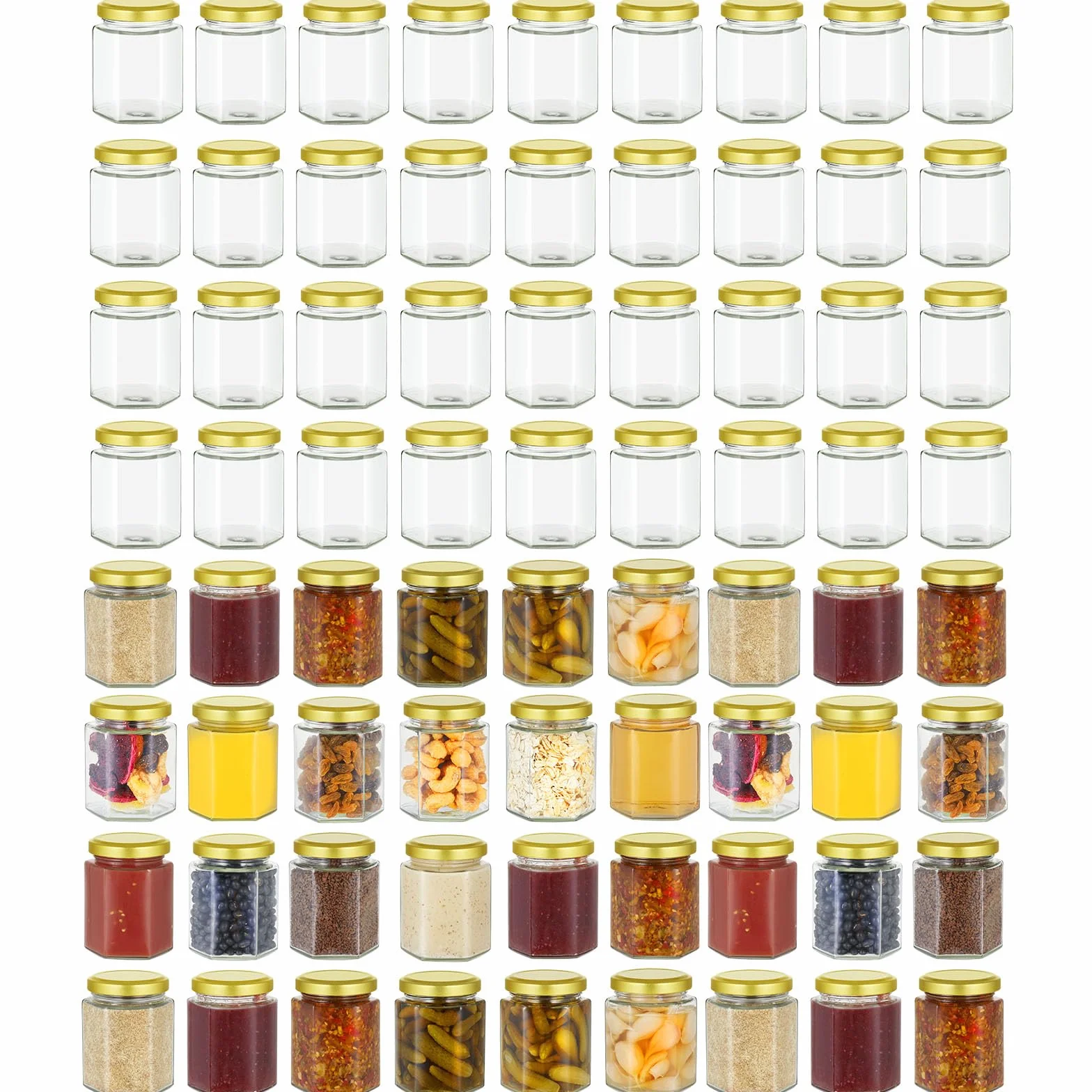Artist Hand Juego de 72 tarros de cristal de 280 ml con tapa de rosca dorada, tarros hexagonales para mermelada, miel, jalea, chutney, pesto y especias