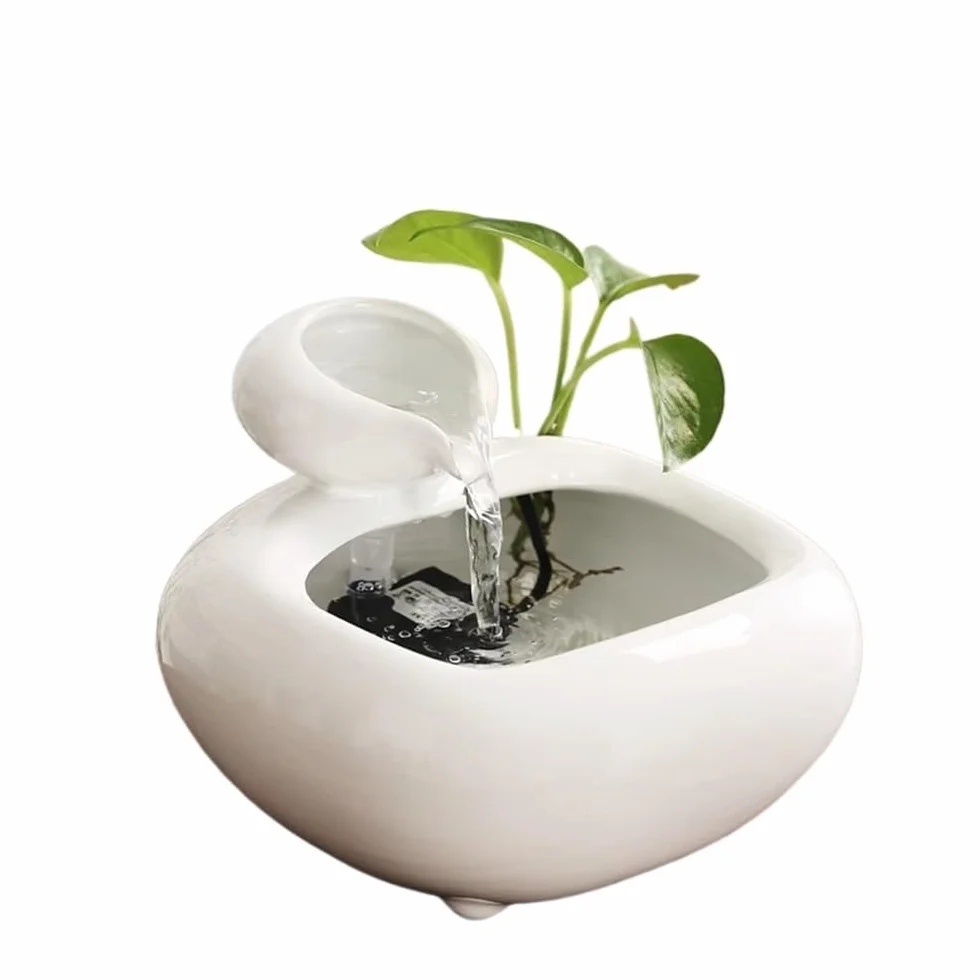 Fuente de sobremesa para interior Fuente de escritorio de cerámica for circulación de agua, invitación de riqueza, decoración de oficina, mesa de té, pequeña decoración Fuentes decorativas(Blanco)