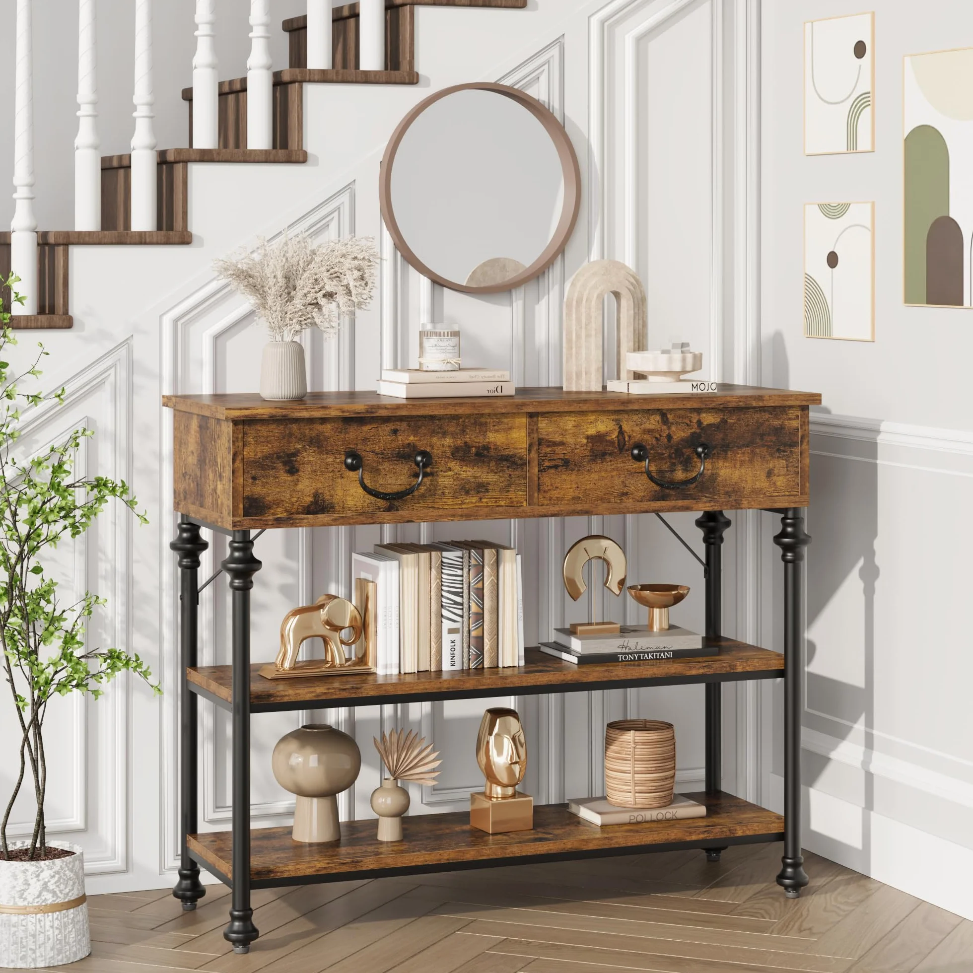 Garvee Consola de Recibidor, con 2 Cajones y 2 Estantes Abiertos, Diseño de Columna Romana, para Entrada, Pasillo, Salón y Espacios, Color Vintage, 100×30×80 cm