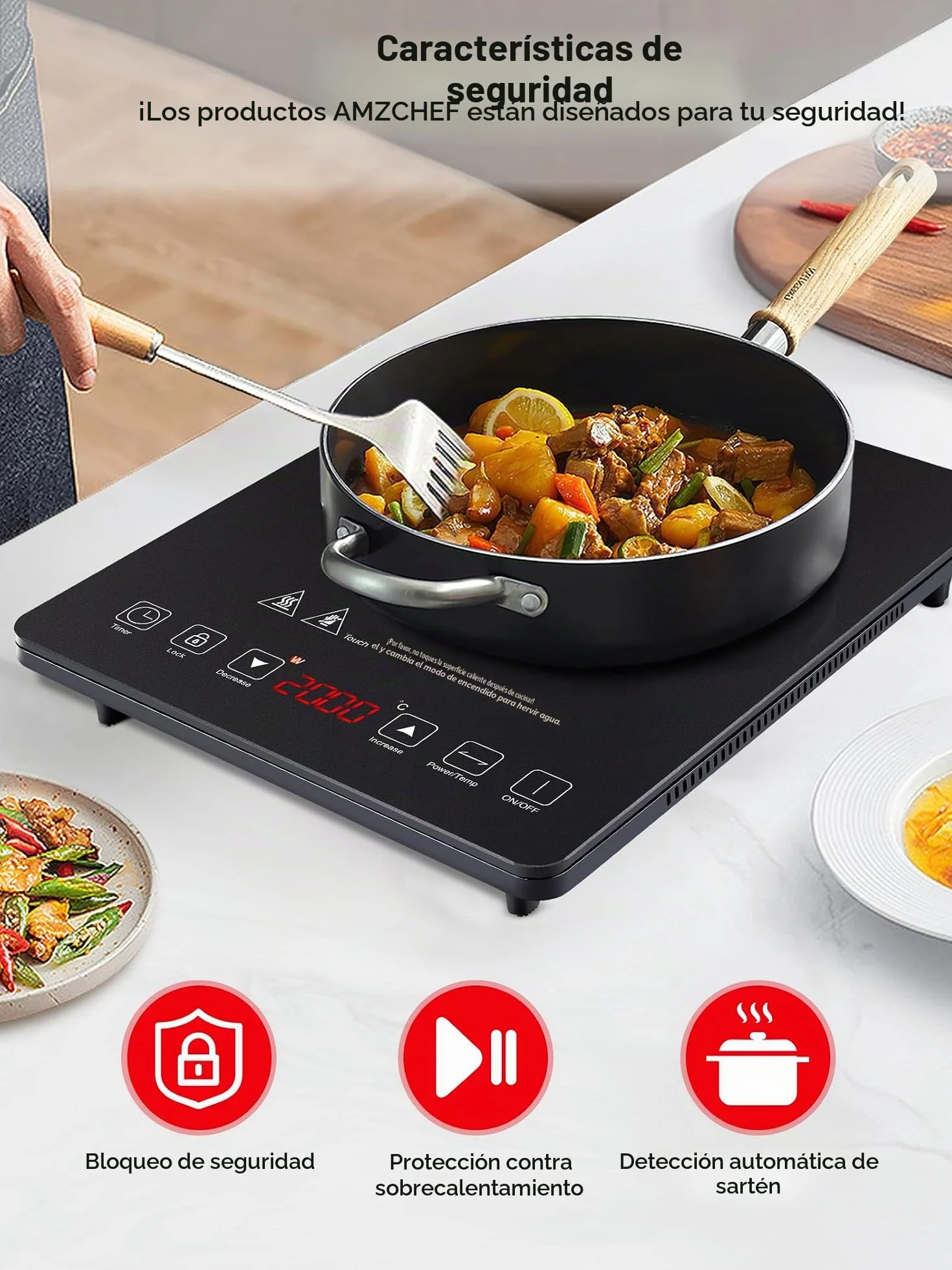 Placa Inducción Portatil AMZCHEF, placa de inducción de 2000 W con cuerpo delgado, 20 niveles de potencia, 20 configuraciones de temperatura, temporizador de 3 horas, negro