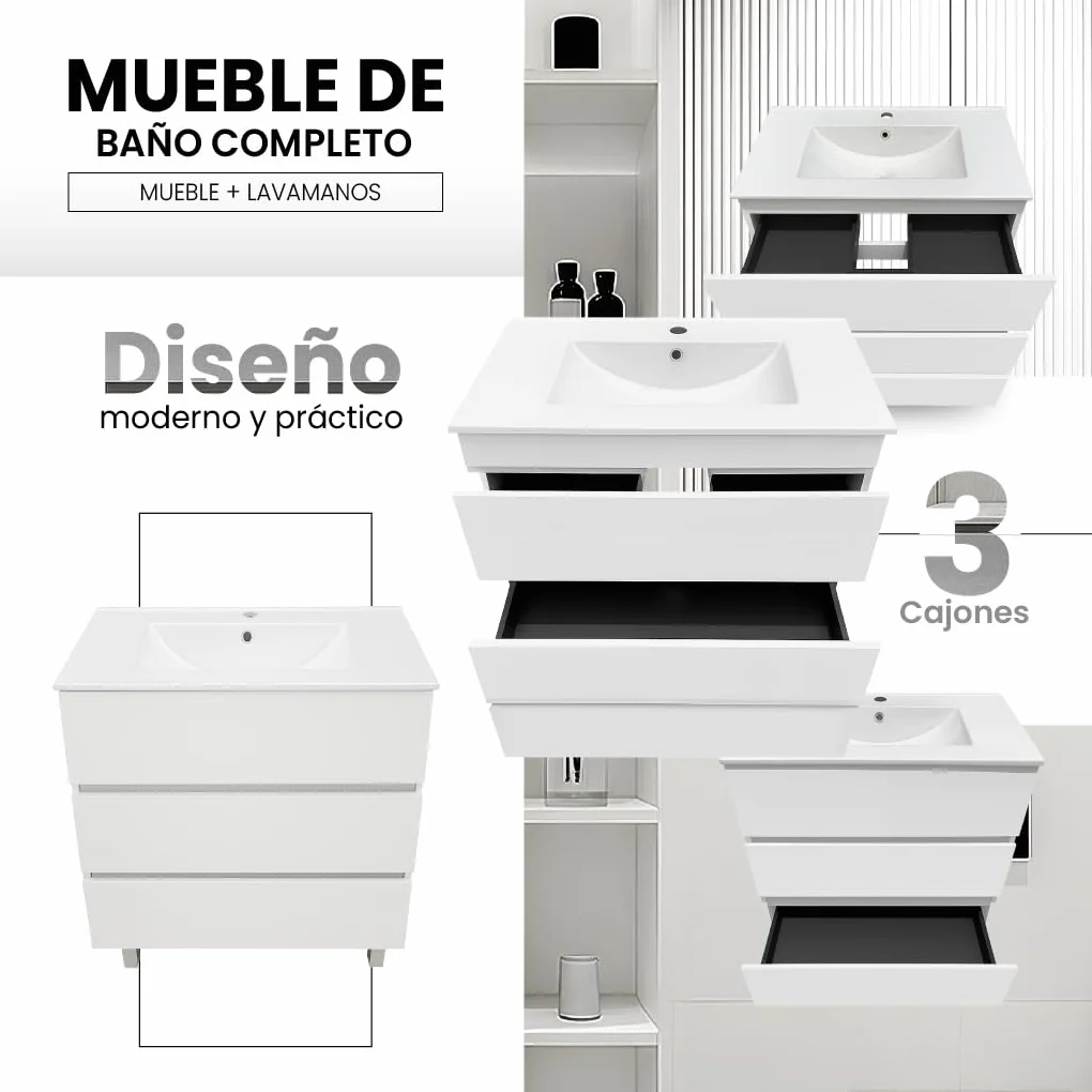Mueble Baño con Lavabo 80 cm Compacto Preinstalado con Pie de Porcelana