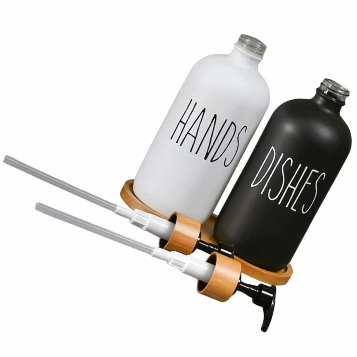 Dispensador de Jabón Líquido de Vidrio con Bomba, 1 Juego | Bandeja de Madera Incluida, para Lavabo y Ducha, Recargable Diseño de Presión