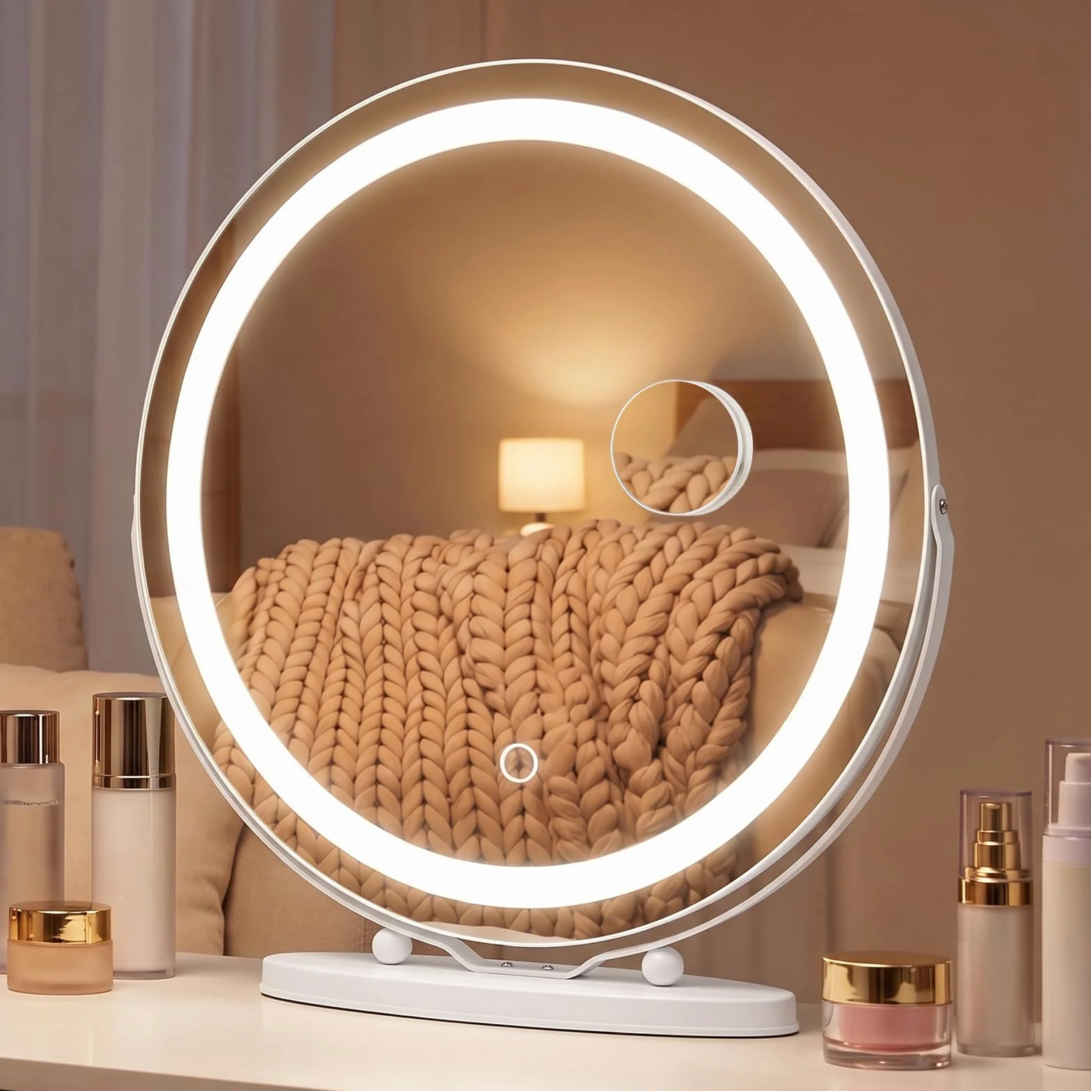 Hollywood Espejo de tocador con Luces,48 cm, Redondo,3 Modos de iluminación, Aumento de 10x, Control táctil,luz Regulable, rotación de 360°,para Dormitorio y vestidor,Blanco