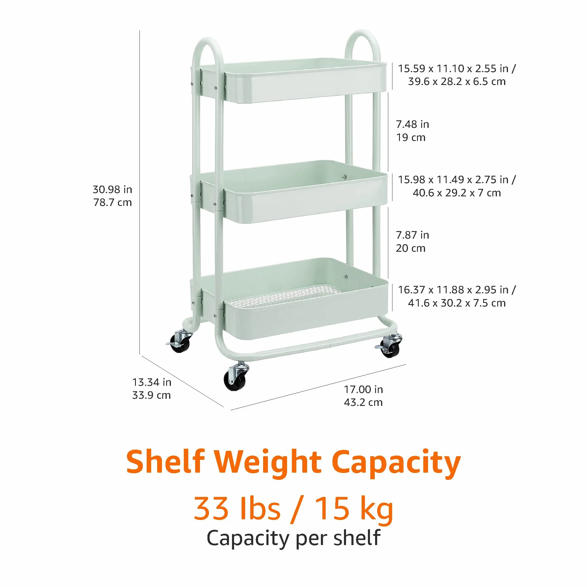 Amazon Basics Carrito de cocina multiuso tres niveles con ruedas verde menta