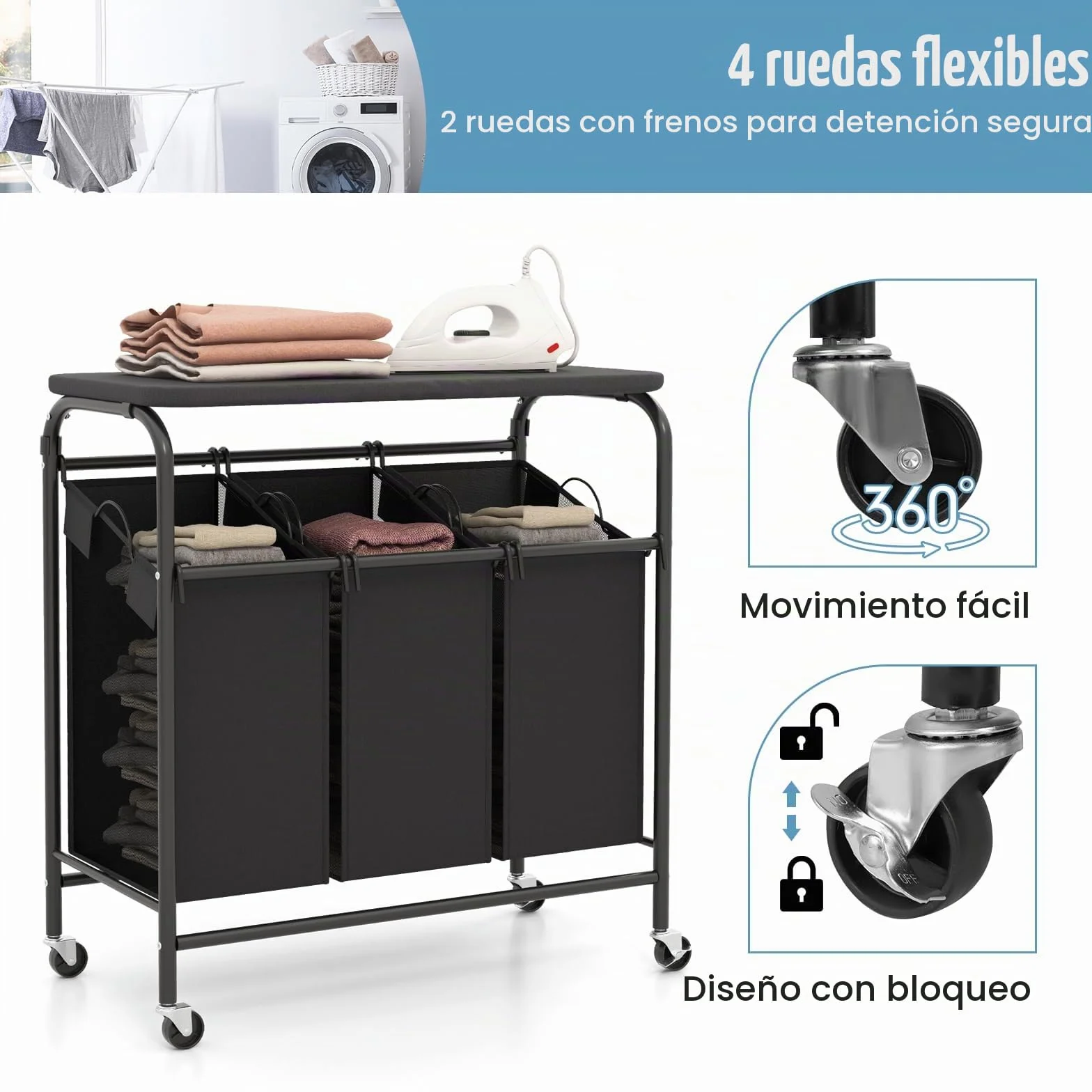 RELAX4LIFE Carro para la colada con 3 compartimentos, cesta para la ropa sucia con tabla de planchar plegable y bolsas extraíbles, cesta para la colada y el baño, negro y gris