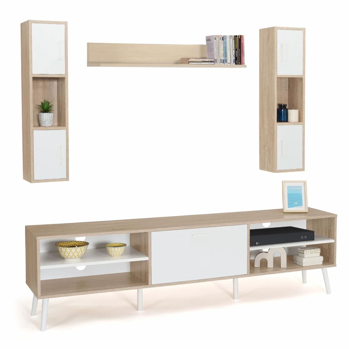 IDMarket - Conjunto de mueble de TV de 180 cm y estantes Houston de madera y blanco