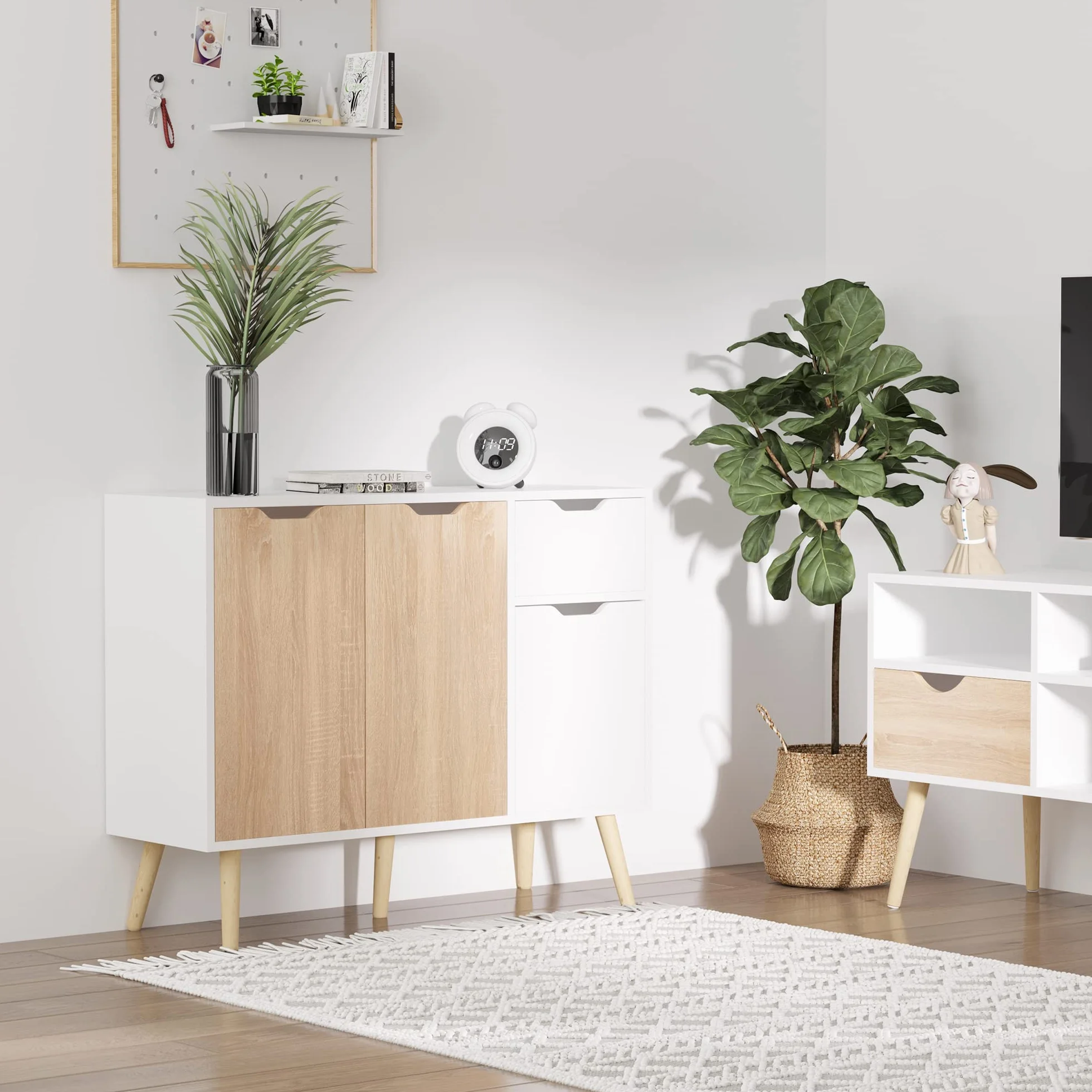 HOMCOM Aparador Moderno 90x30x72 cm Blanco y Natural con 3 Puertas y Cajón
