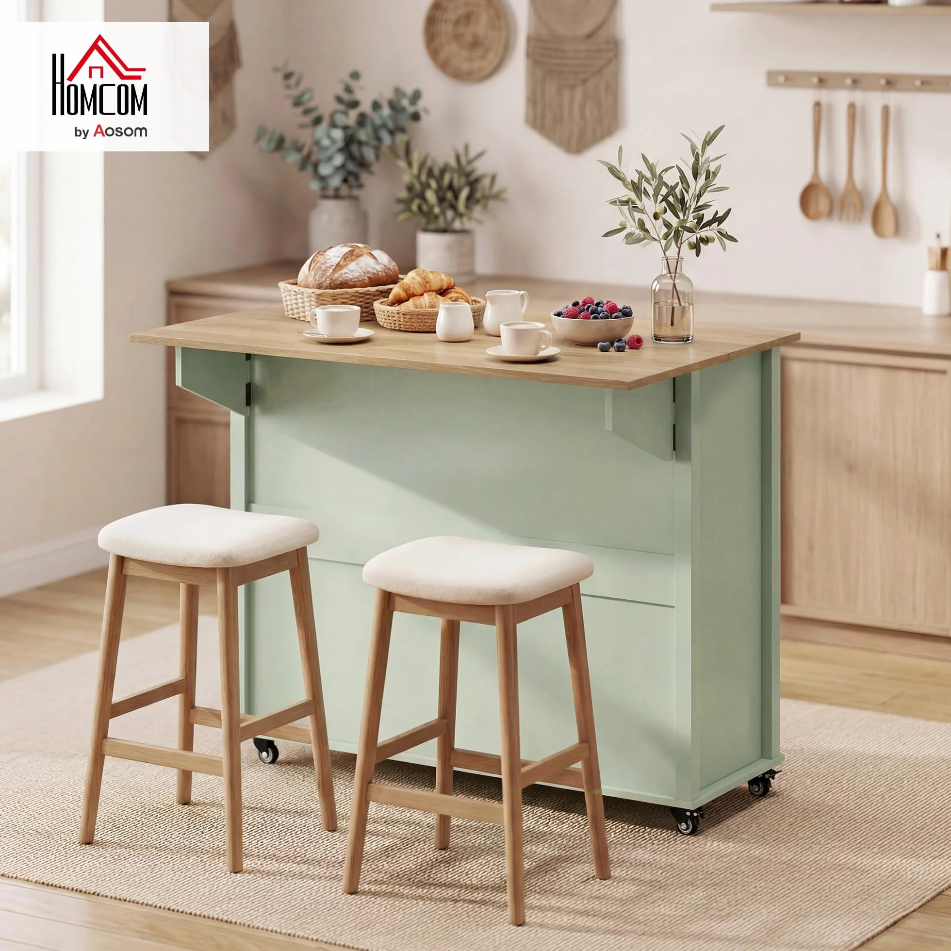 HOMCOM Isla de Cocina con Tablero Plegable y Ruedas, Carrito de Cocina con Estantes en la Puerta, Toallero, Armario, 2 Cajones, Estantes Abiertos, 117,5x70x91 cm, Verde Claro