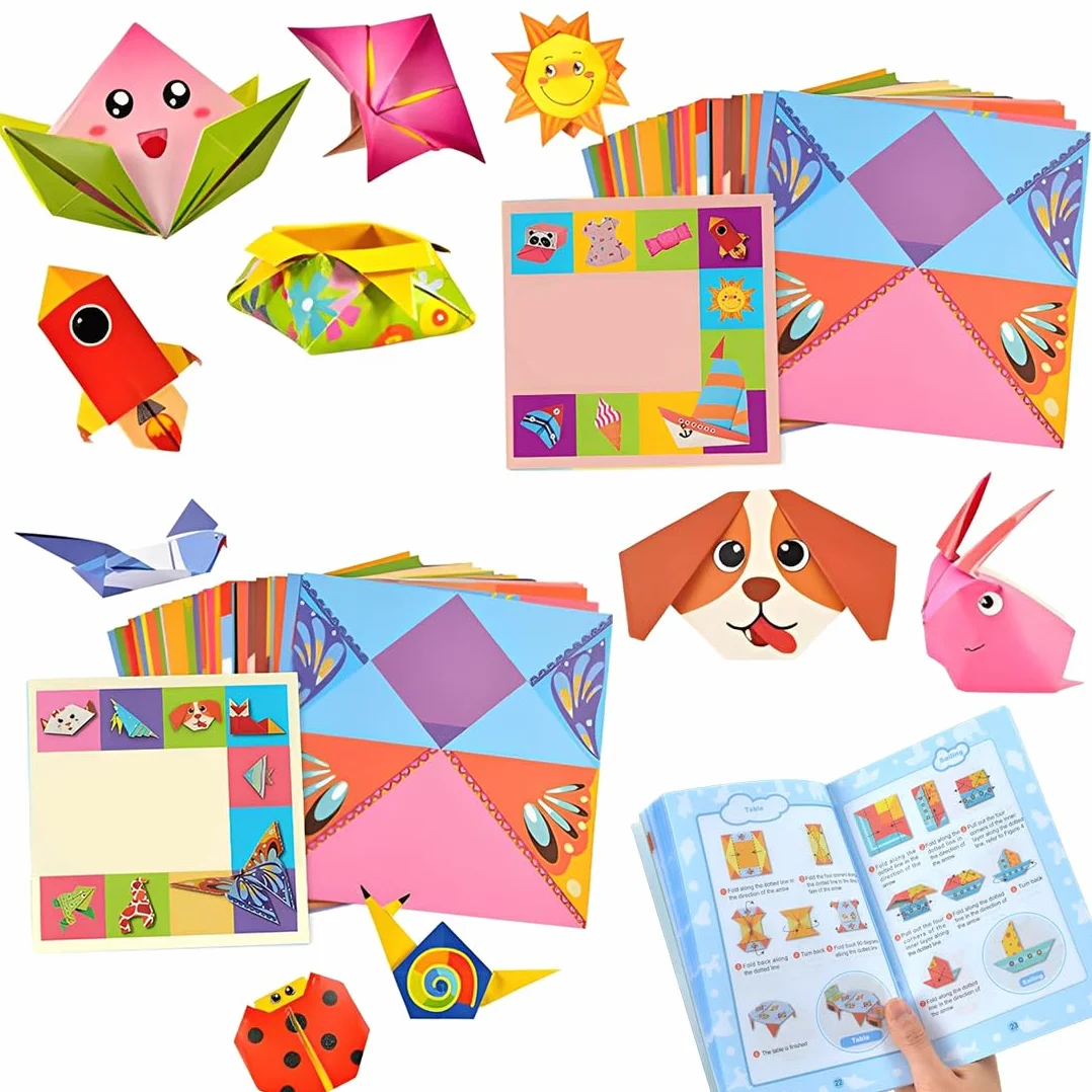 Kit de Origami para Niños 108 Hojas de Papel con 54 Patrones + 50 Papeles de Colores, Libro de Instrucciones, 14x14cm
