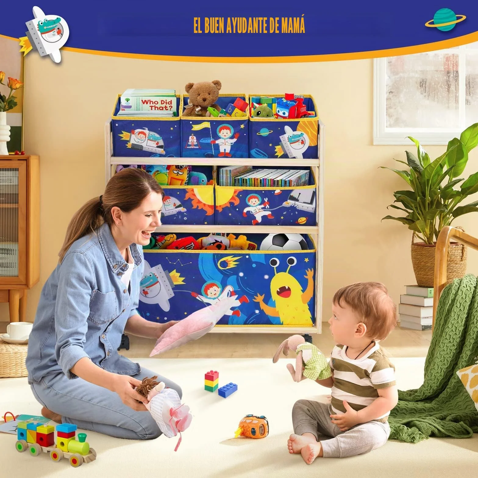 NUKied Estantería Infantil para Juguetes y Libros con Ruedas,6 Cajas de Tela no Tejida Extraíbles, para Sala de Juegos,Escuela, 64x 28 x 60 cm,Patrón Pequeño Monstruo