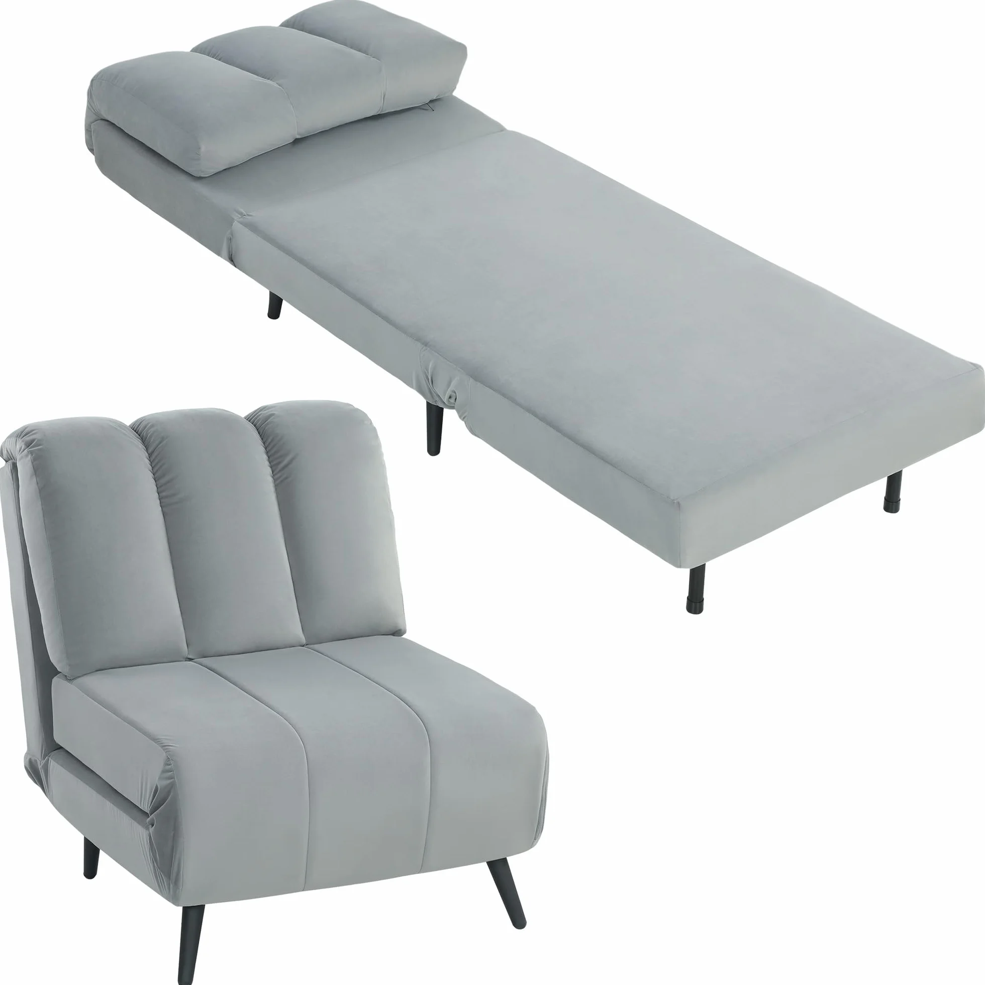 HOMCOM Sofá Cama de 1 Plaza 3 en 1, Sofá Cama Plegable Tapizado en Terciopelo con Respaldo Ajustable en 3 Niveles, Cojín Grueso para Dormitorio, Salón, Oficina, Fácil Montaje, 72x88x87 cm, Gris