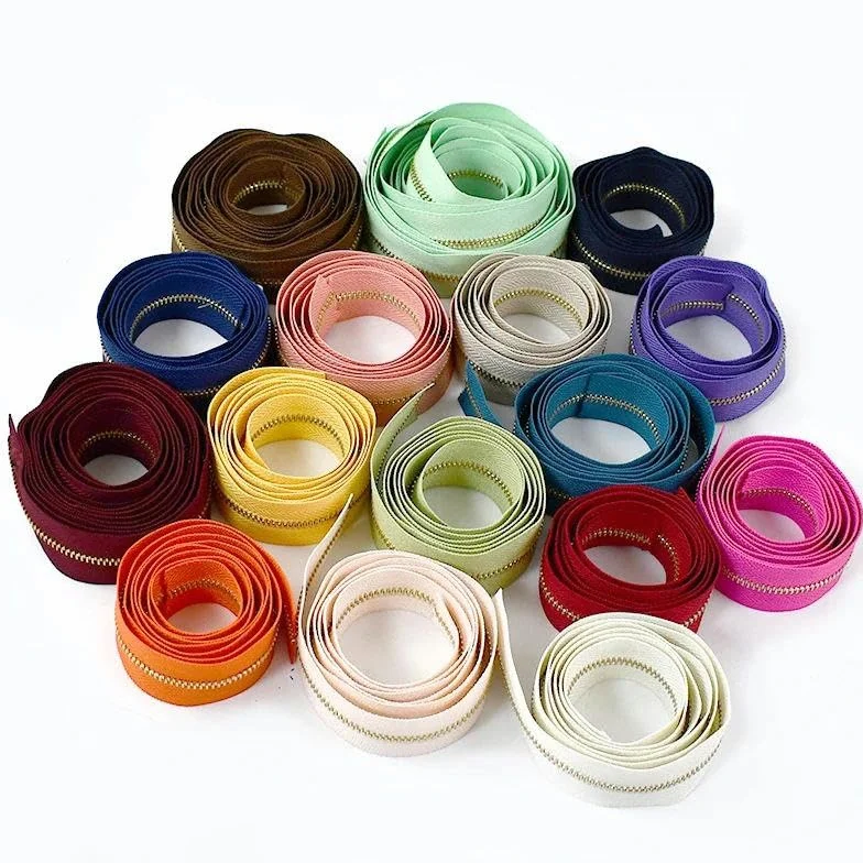 1/3 metros 3# Cremalleras de metal Cremalleras de dientes dorados para ropa, monedero, kit de reparación de cremalleras, cremallera para coser ropa DIY-29-3#-3 metros3pcsSilder