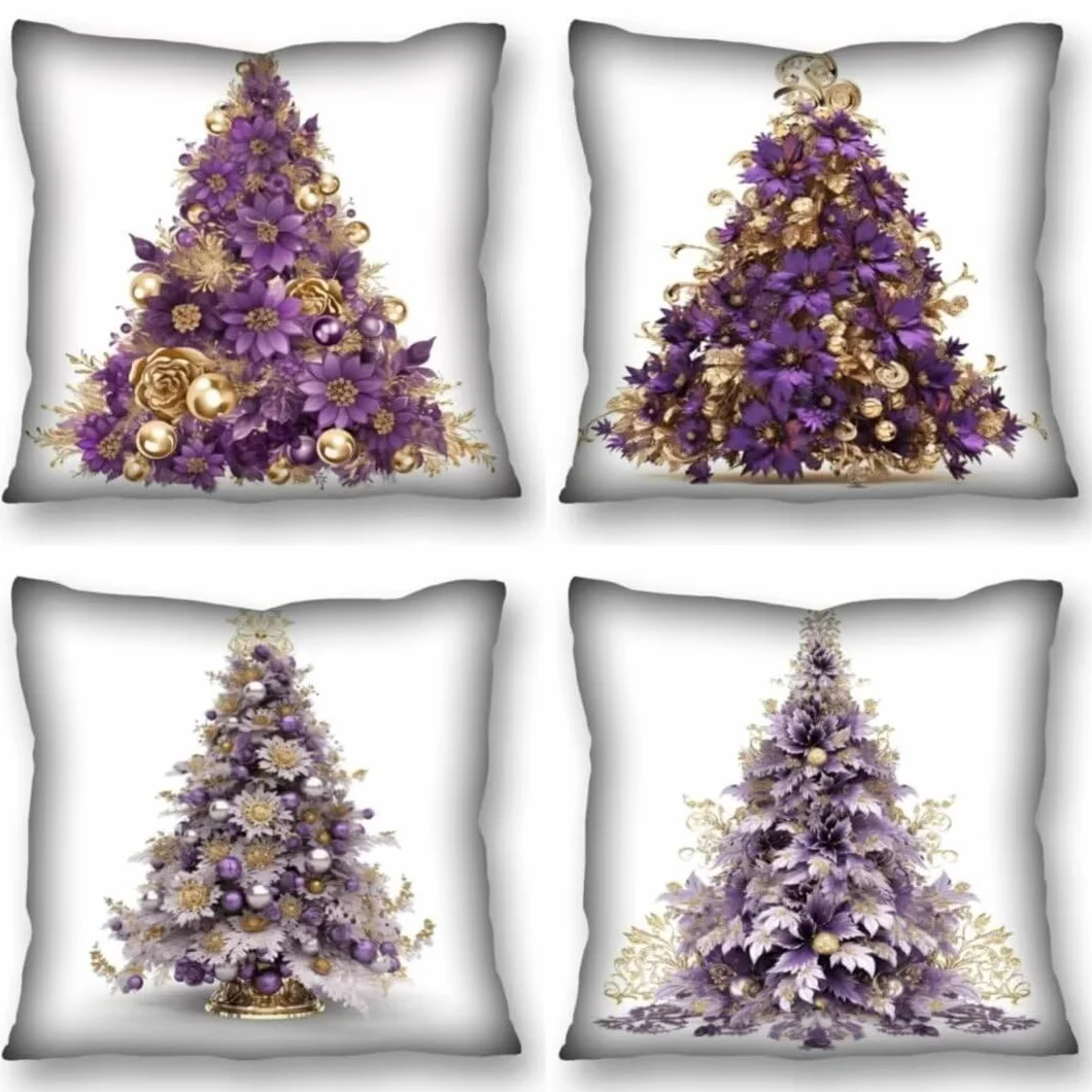 Juego de 4 Fundas de Cojines Cojines Púrpura árbol de Navidad Funda Cojin Cuadrados de Lino Fundas Cojines Sofá Cojines Decorativos para Salón Sofá Dormitorio Coche Jardín Silla Decoración del Hogar