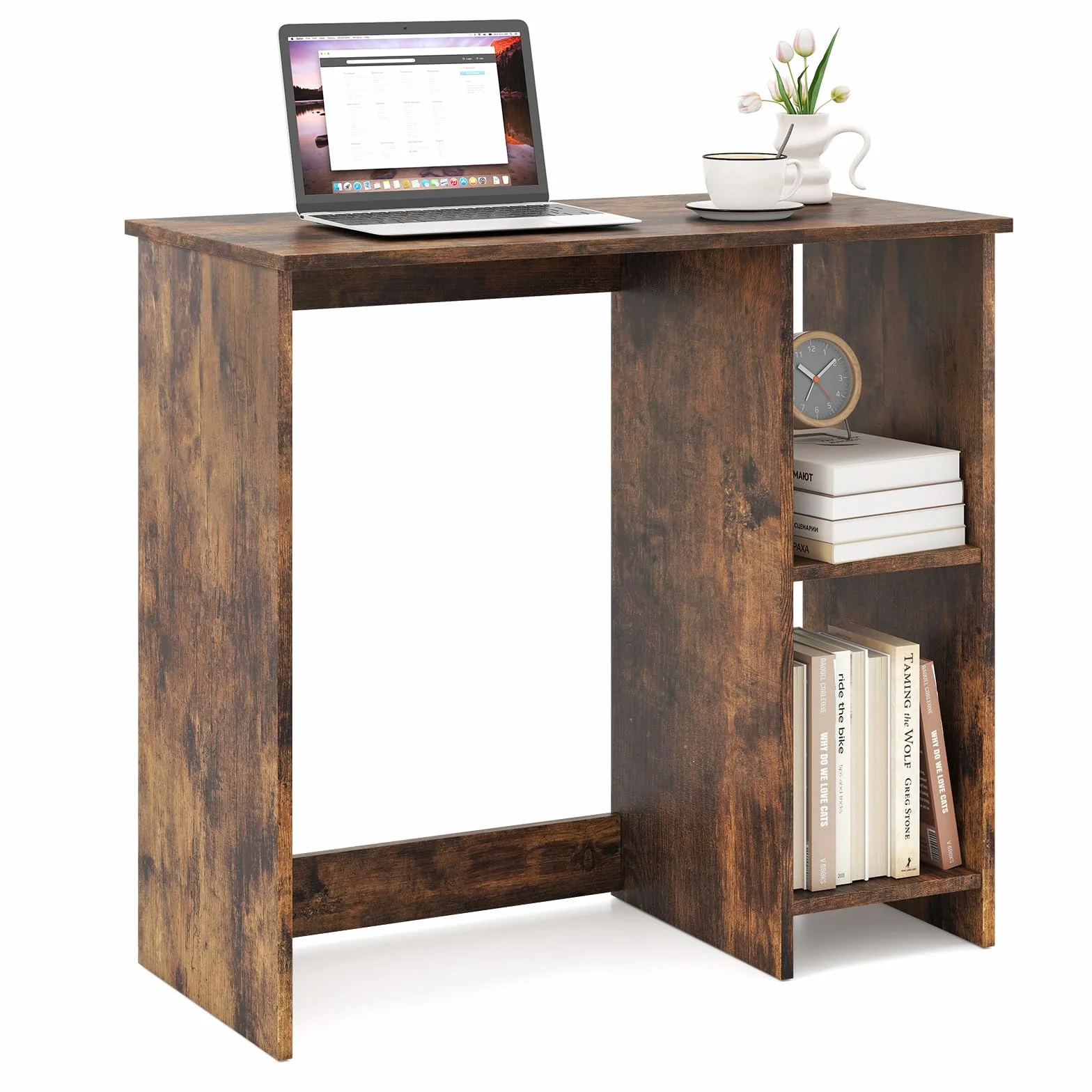GIANTEX Escritorio de Ordenador con 2 Estantes Laterales, Mesa de Trabajo con Diseño Compacto, 80 x 40 x 74 cm, Escritorio de Madera para Oficina, Dormitorio, Estudio (Marrón)