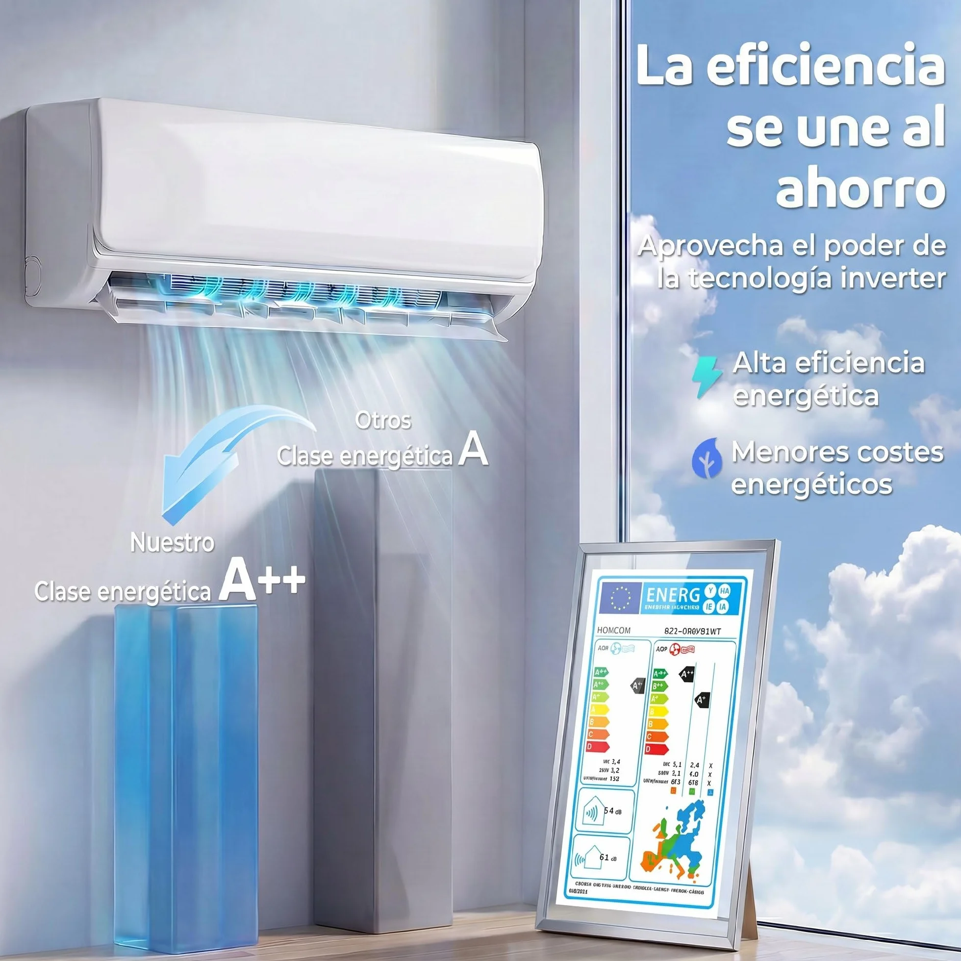 HOMCOM Aire Acondicionado Split 12000 BTU, Bomba de Calor, Aire Acondicionado Inverter, Clase A++, WiFi y Control por Voz, hasta 18 m², Pantalla LED, Mando a Distancia